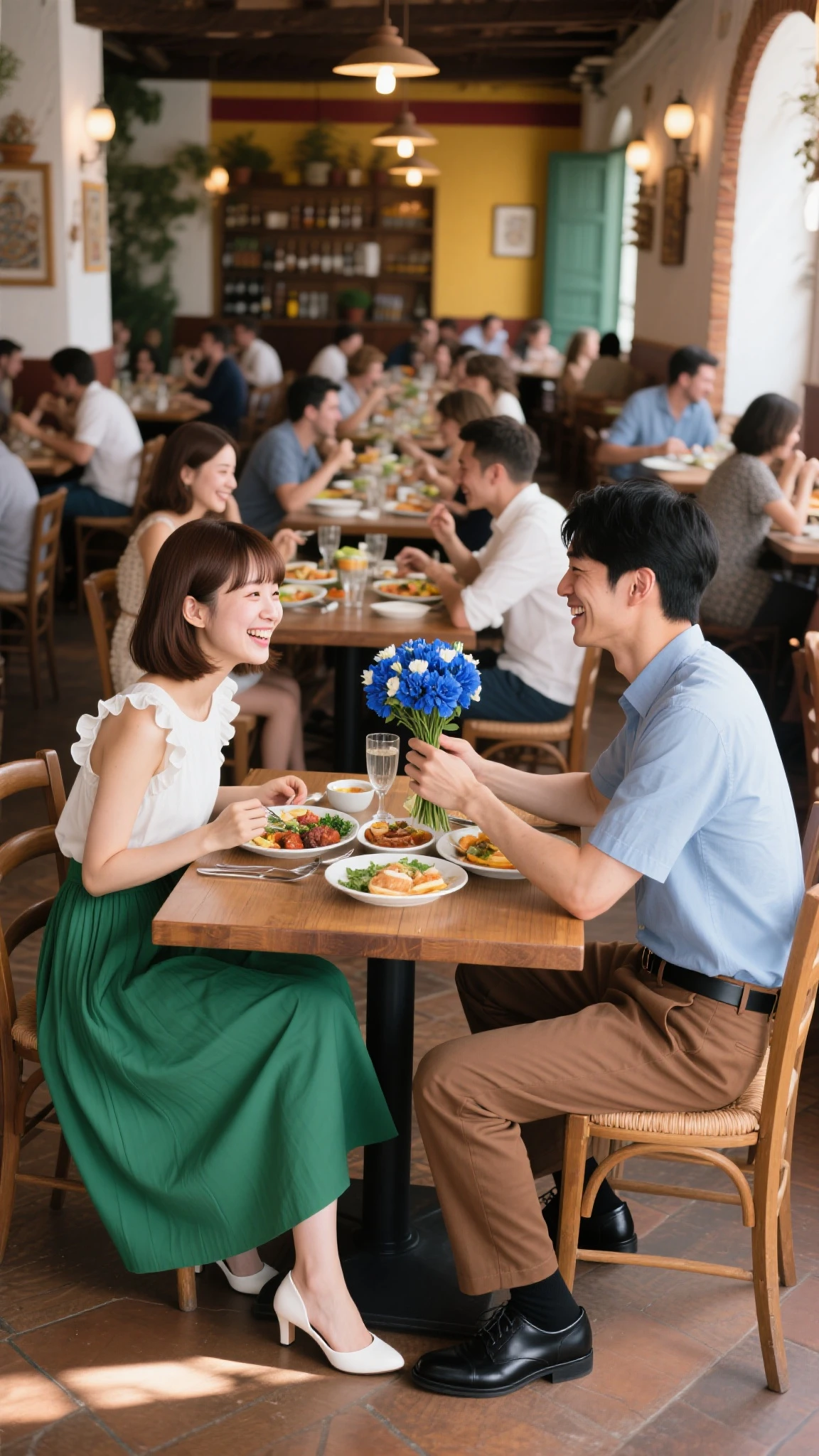 ((Highest quality、8K、masterpiece:1.3))、 (Genuineistic, Genuine、Bright image、Intricate details:1.2), 最高のsmile、1 male 1 female、Beautiful couple、Lovey-dovey lovers、Happy Yokohama Lovers、、Good friends、actress couple、smile、Full-course dinner at a packed table、 (Slim face), (the body is slim), (Brown Hair), (short hair), テーブルのwine glass、Please shine a light on my face、 Amazing view of the sunset sky and clouds、42 years old 39 years old, red wine 、Appetizers、Wine bottle、sparkling wine、Long sleeve shirt、dress、White wine, red wine, wine glass, 