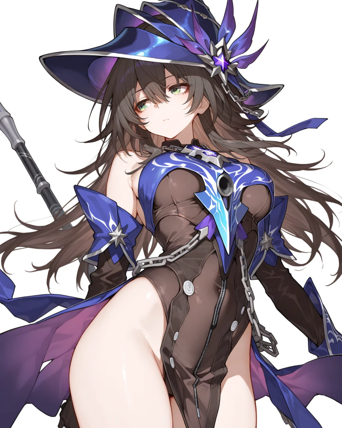 monamegistus, mona, blue eyes, hair between eyes, twintails, very long hair, purple hair, hat, (small :1.2), witch hat,
BREAK black , black gloves, blue sleeves, , capelet, covered navel, detached sleeves, gloves, high heels, leotard, long hair, long sleeves, multicolored sleeves, purple capelet, purple sleeves, strapless, strapless leotard,
BREAK outdoors, night, waterfall,stars,moon,starfall,nature,
BREAK looking at viewer,
BREAK (masterpiece:1.2), best quality, high resolution, unity 8k wallpaper, (illustration:0.8), (beautiful detailed eyes:1.6), extremely detailed face, perfect lighting, extremely detailed CG, (perfect hands, perfect ),