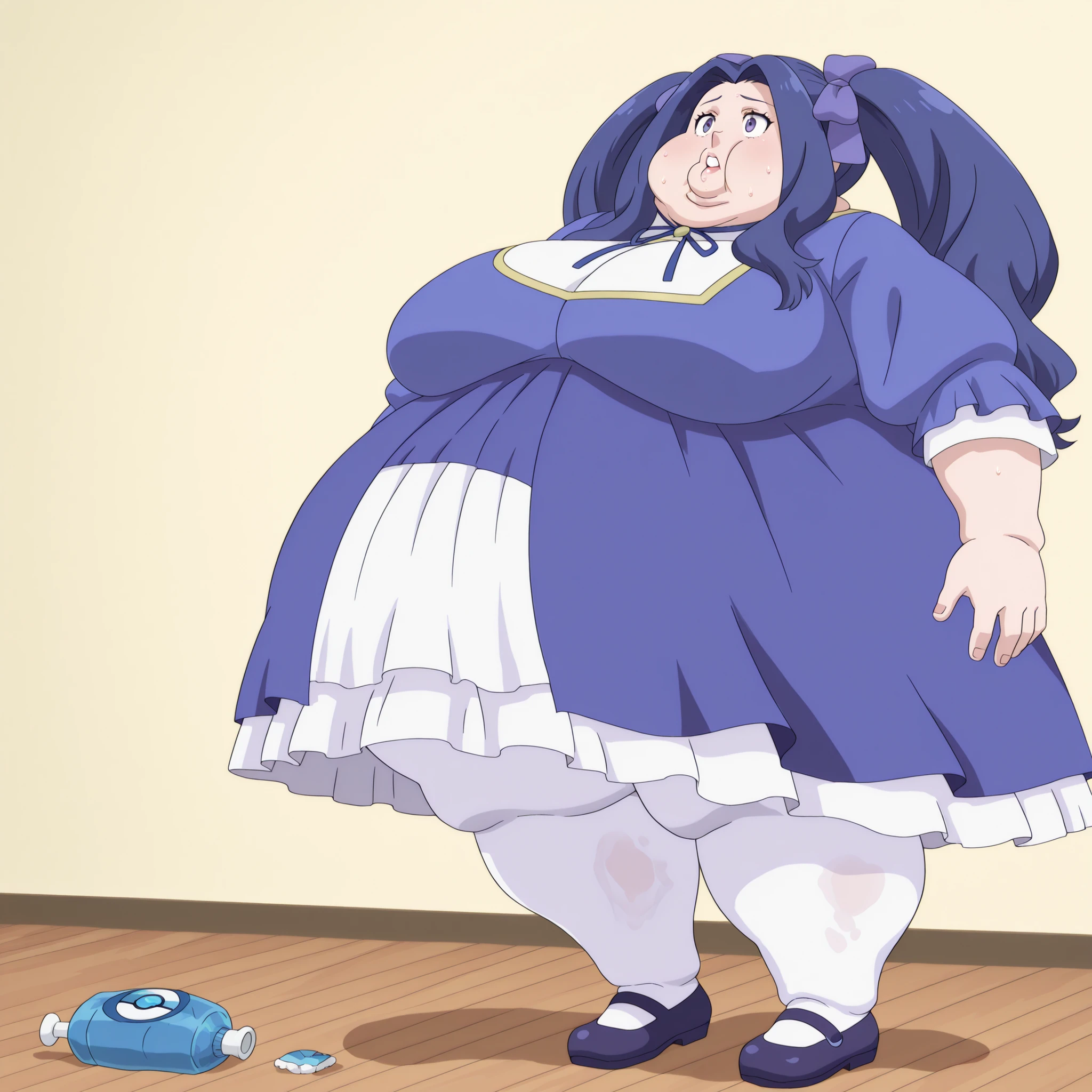 jynx
pokemon female, 1girl, solo, meltyqm, blue dress, neck ribbon, hair bow, white pantyhose, mary janes, blank_stare, empty_stare,  fat, chubby, obese, gigantic arms and legs, large breasts, sweating, wet body, swollen face, Fat_neck , Fat head , eyes with crushed cheeks , nose with crushed cheeks , mouth with crushed cheeks , chin roll,
only head, large head, oversized limbs, large hands, large feet, oversized feet, oversized fingers, big lips, plump lips, fat face, fupa, big fupa, fat fupa, 