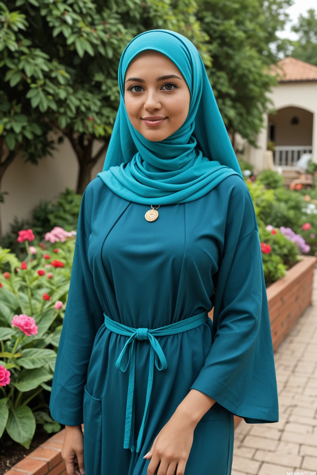 raw, Best quality, High accuracy, Masterpiece: 1.3), Beautiful Malaysian woman in hijab,Masterpiece, Perfect slim body, (small),Big gorgeous eyes, soft smile,Thick thighs,He sits, Delicate peplum dress with a turtleneck print, necklace, com.shairband, Afternoon walk, City park, Excellent lighting, bright colors, Clean lines