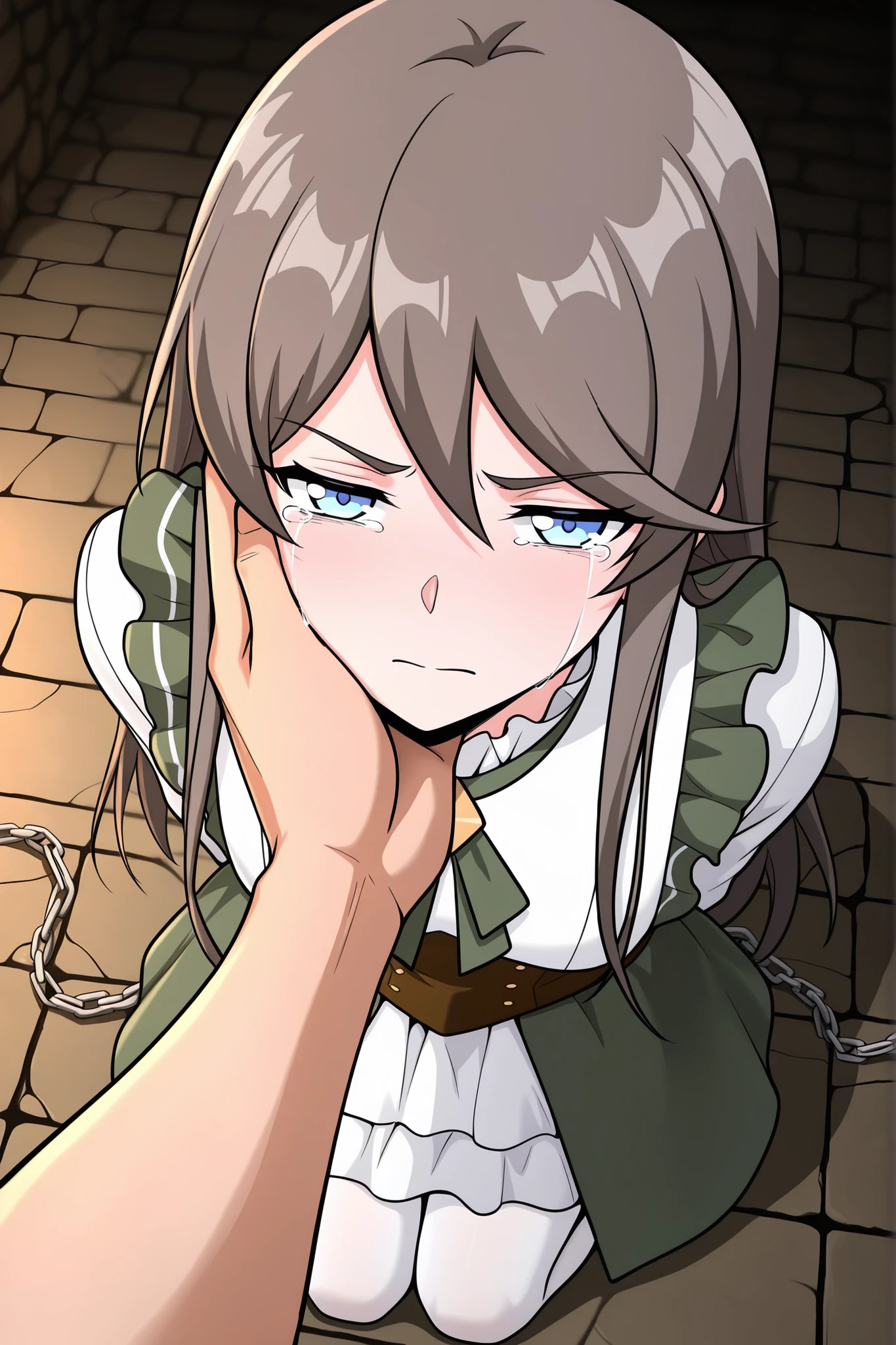 BREAK masterpiece, best quality), amazing quality, absurdres, highres, newest, HDR, 8K, tilly_wimbledon, grey hair, long hair, blue eyes, two-tone dress, frills, long sleeves, brown corset, green neckerchief, white pantyhose, dynamic angle, kneeling, 1girl, her hands tied behind her back, blushing, crying, high angle, looking at viewer, dungeon chamber, chains, half closed eyes, closed mouth, man grabbing woman’s face firmly with two hands, both dominant grip on her cheeks, aggressive passion, struggle and submissiong, man pov, man leaning closer for a kiss