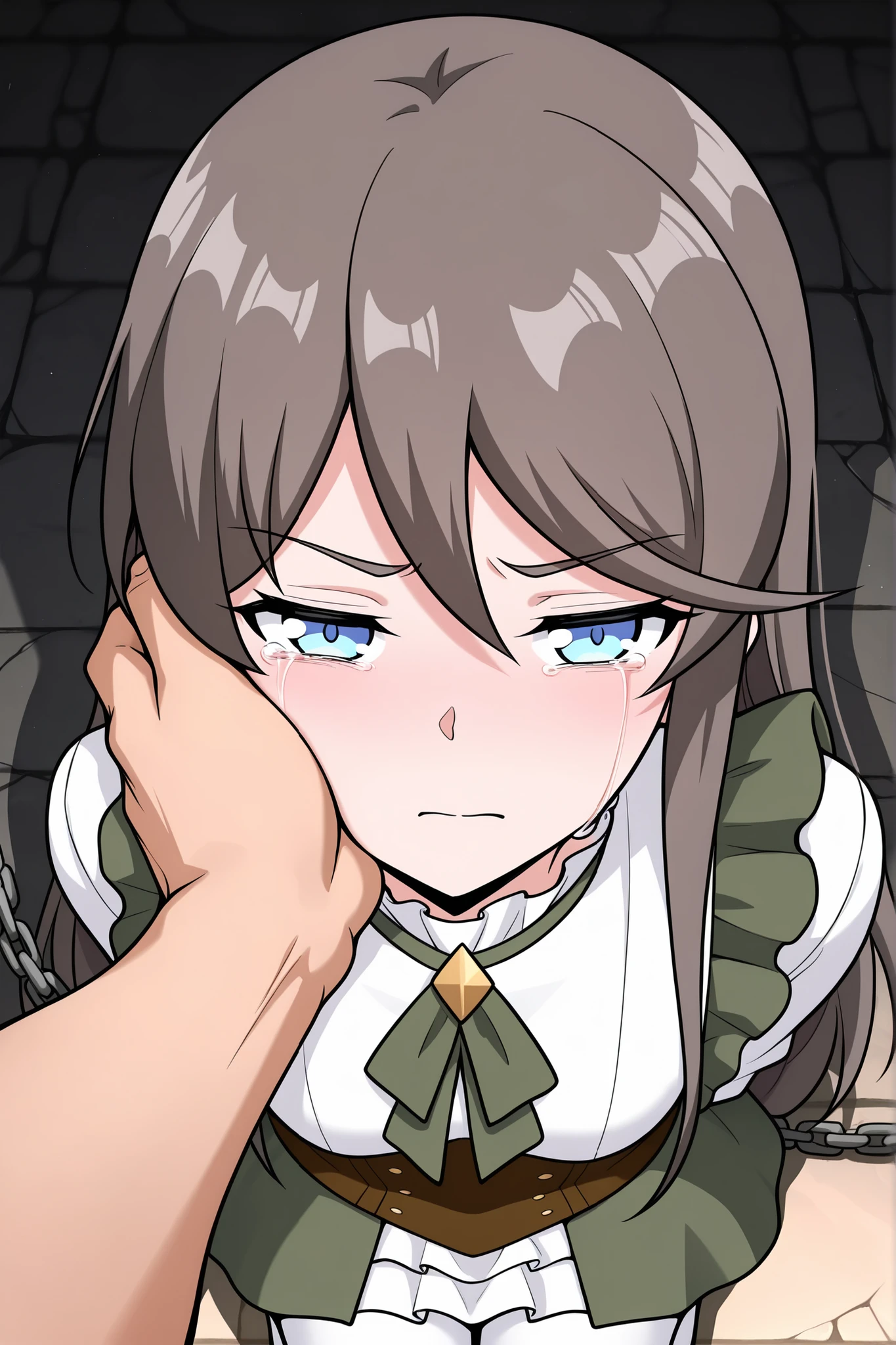 BREAK masterpiece, best quality), amazing quality, absurdres, highres, newest, HDR, 8K, tilly_wimbledon, grey hair, long hair, blue eyes, two-tone dress, frills, long sleeves, brown corset, green neckerchief, white pantyhose, dynamic angle, kneeling, 1girl, her hands tied behind her back, blushing, crying, high angle, looking at viewer, dungeon chamber, chains, half closed eyes, closed mouth, man grabbing woman’s face firmly with two hands, both dominant grip on her cheeks, aggressive passion, struggle and submissiong, man pov, man leaning closer for a kiss