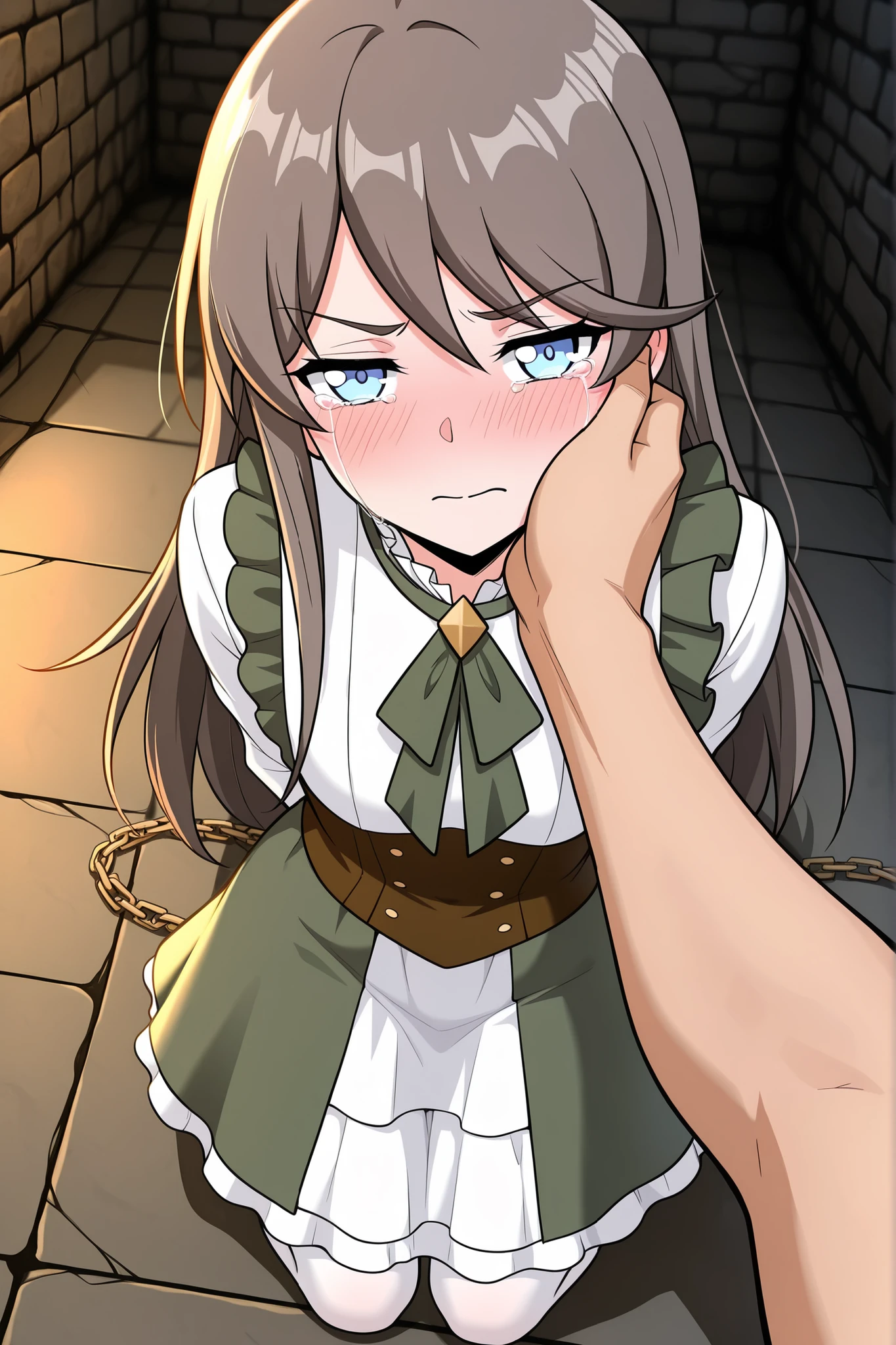 BREAK masterpiece, best quality), amazing quality, absurdres, highres, newest, HDR, 8K, tilly_wimbledon, grey hair, long hair, blue eyes, two-tone dress, frills, long sleeves, brown corset, green neckerchief, white pantyhose, dynamic angle, kneeling, 1girl, her hands tied behind her back, scowl, blushing, crying, high angle, looking at viewer, dungeon chamber, chains, half closed eyes, closed mouth, man grabbing woman’s face firmly with two hands, both dominant grip on her cheeks, aggressive passion, struggle and submissiong, man pov, man leaning closer for a kiss