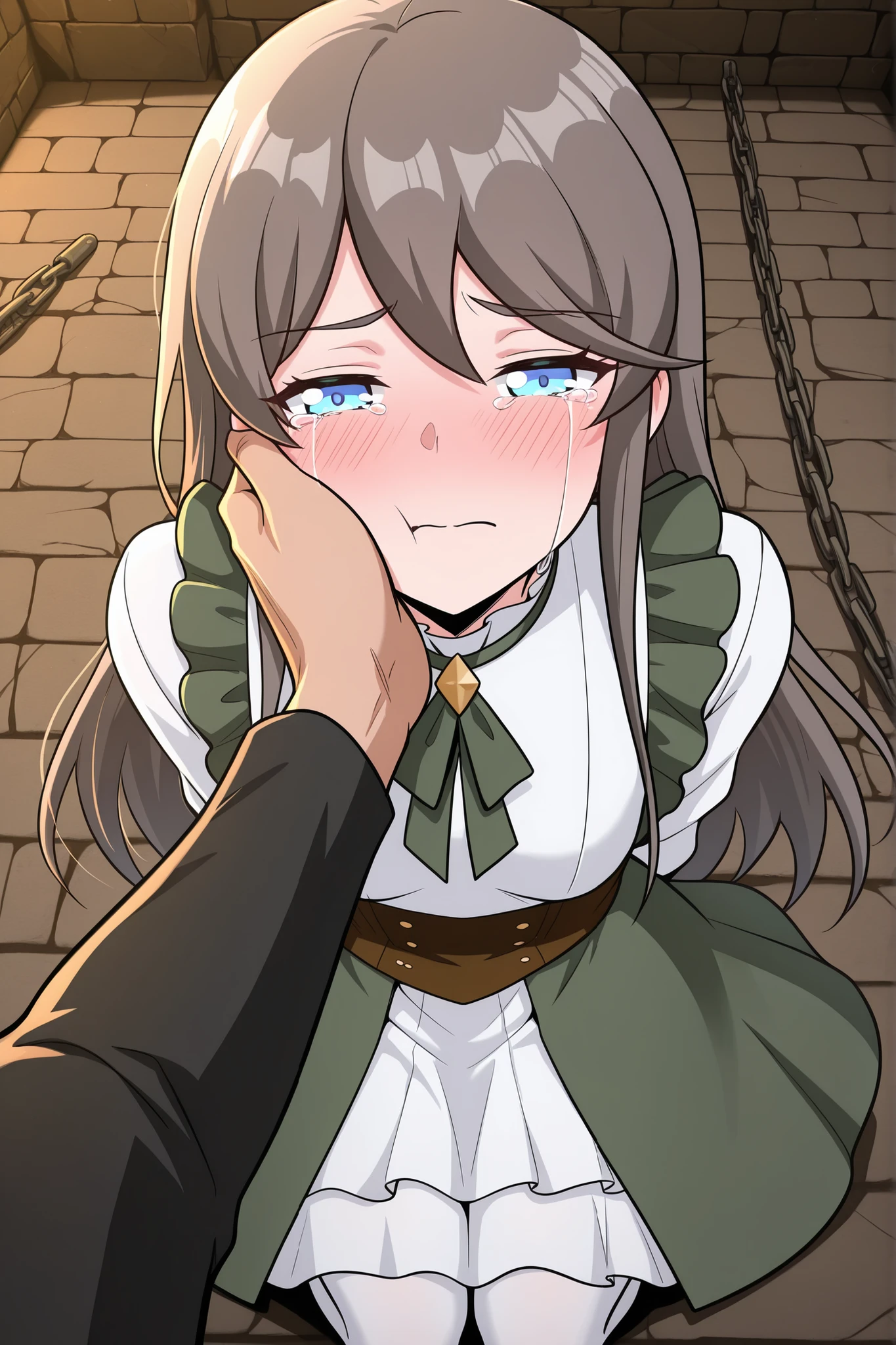 BREAK masterpiece, best quality), amazing quality, absurdres, highres, newest, HDR, 8K, tilly_wimbledon, grey hair, long hair, blue eyes, two-tone dress, frills, long sleeves, brown corset, green neckerchief, white pantyhose, dynamic angle, kneeling, 1girl, her hands tied behind her back, scowl, blushing, crying, high angle, looking at viewer, dungeon chamber, chains, half closed eyes, closed mouth, man grabbing woman’s face firmly with two hands, both dominant grip on her cheeks, aggressive passion, struggle and submissiong, man pov, man leaning closer for a kiss