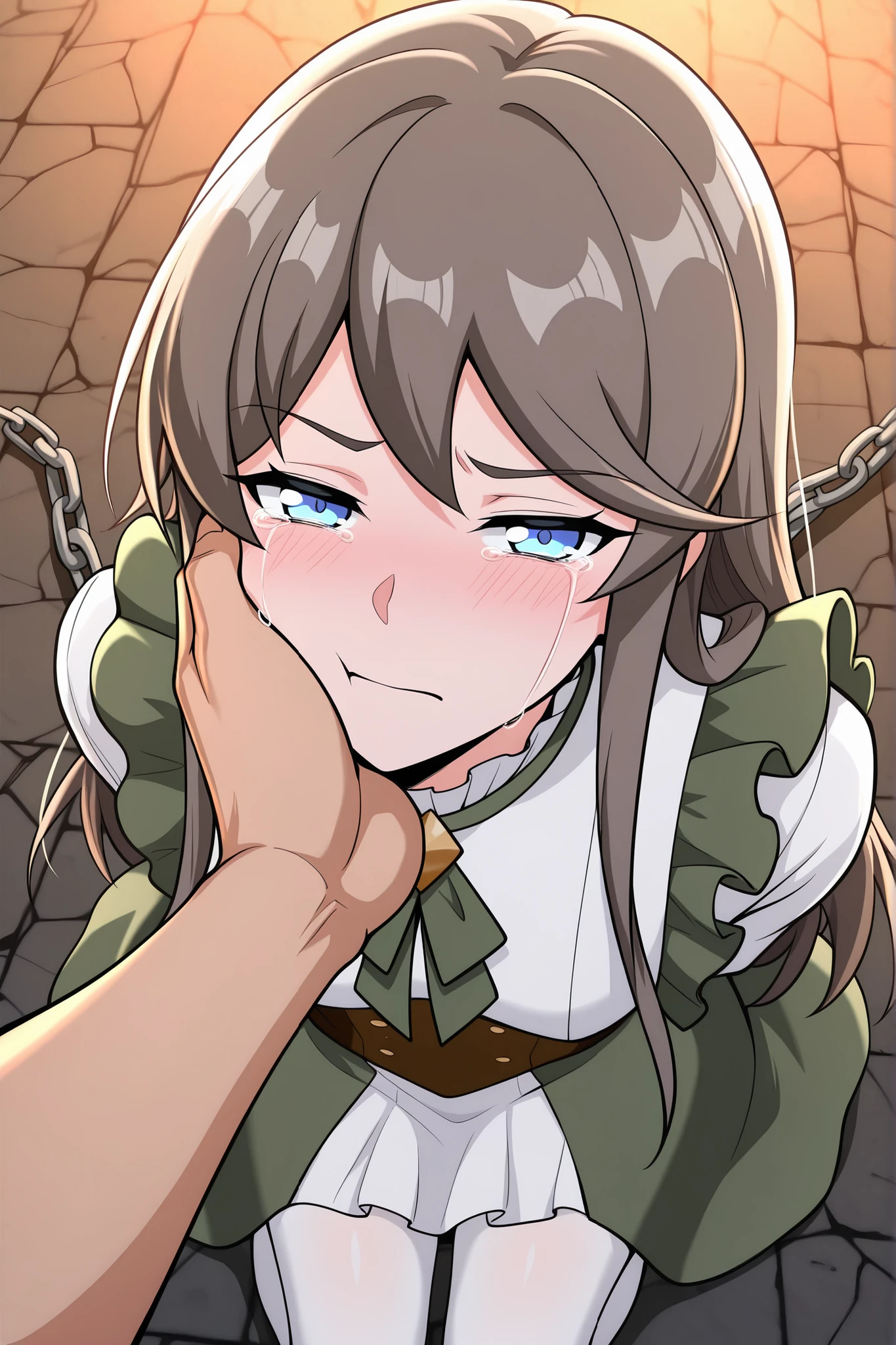 BREAK masterpiece, best quality), amazing quality, absurdres, highres, newest, HDR, 8K, tilly_wimbledon, grey hair, long hair, blue eyes, two-tone dress, frills, long sleeves, brown corset, green neckerchief, white pantyhose, dynamic angle, kneeling, 1girl, her hands tied behind her back, blushing, crying, high angle, looking at viewer, dungeon chamber, chains, half closed eyes, closed mouth, man grabbing woman’s face firmly with two hands, both dominant grip on her cheeks, aggressive passion, struggle and submissiong, man pov, man leaning closer for a kiss, frightened