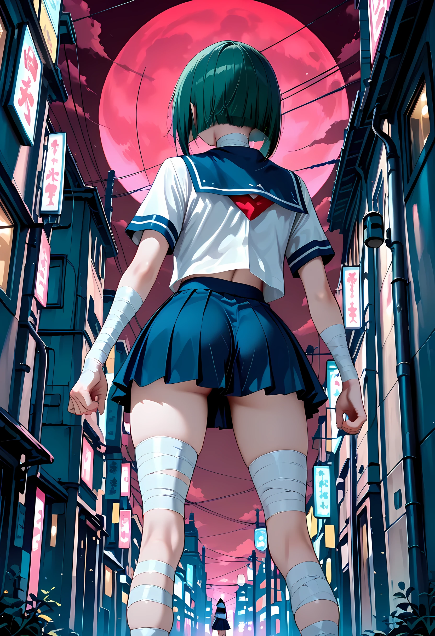 masterpiece, best quality, high resolution, ultra-detailed, very aesthetic, absurdres, solo, 1 girl, green bob cut, bandaged neck, (bandaged arms, bandaged legs:1.4), serafuku, short sleeves, blue sailor collar, red neckerchief, blue pleated skirt, valkyrie-skirt, white socks, brown loafers, standing, fighting stance, legs apart, from behind, deep shadows, city, night, dark red sky,