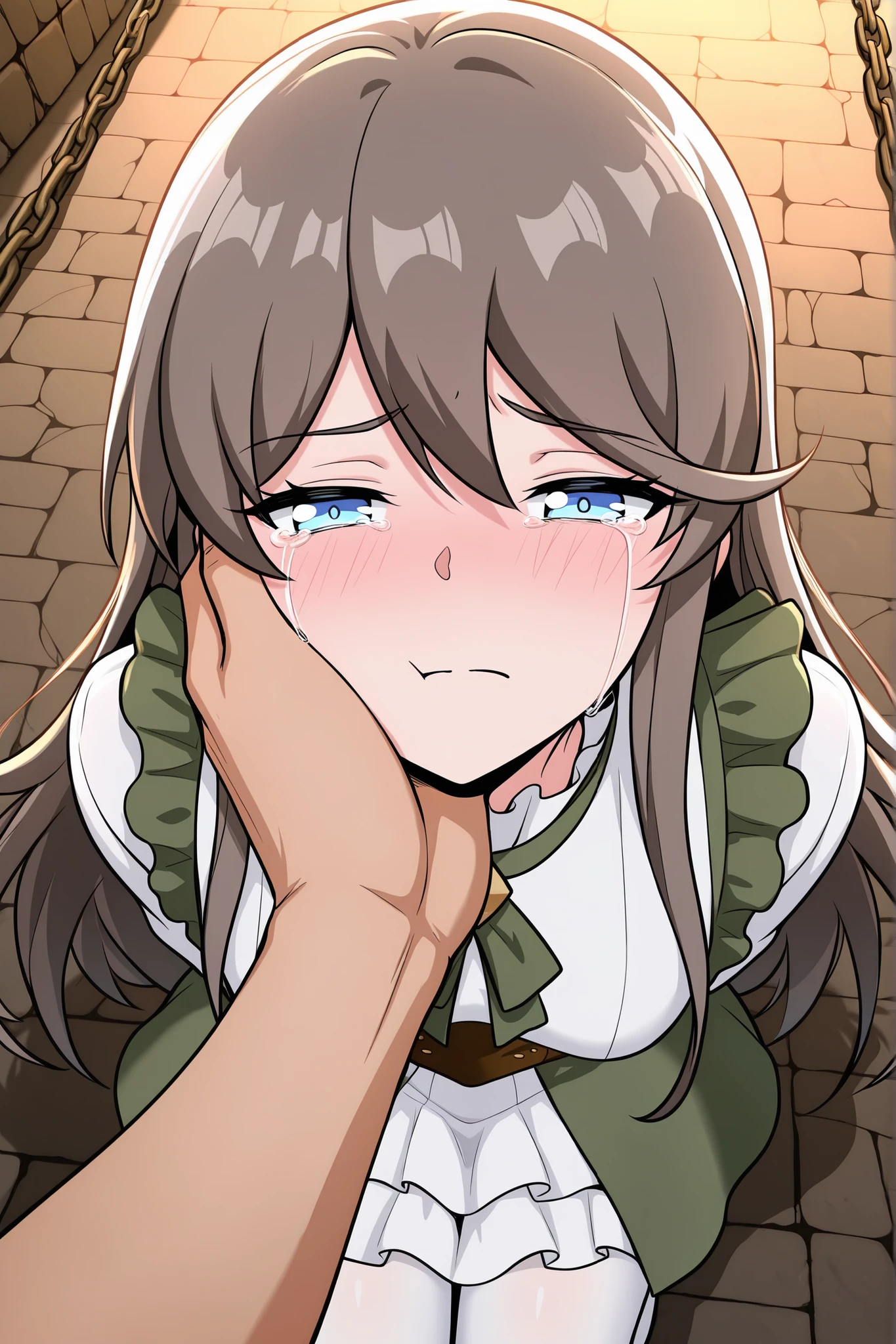 BREAK masterpiece, best quality), amazing quality, absurdres, highres, newest, HDR, 8K, tilly_wimbledon, grey hair, long hair, blue eyes, two-tone dress, frills, long sleeves, brown corset, green neckerchief, white pantyhose, dynamic angle, kneeling, 1girl, her hands tied behind her back, blushing, crying, high angle, looking at viewer, dungeon chamber, chains, half closed eyes, closed mouth, man grabbing woman’s face firmly with two hands, both dominant grip on her cheeks, aggressive passion, struggle and submissiong, man pov, man leaning closer for a kiss, frightened