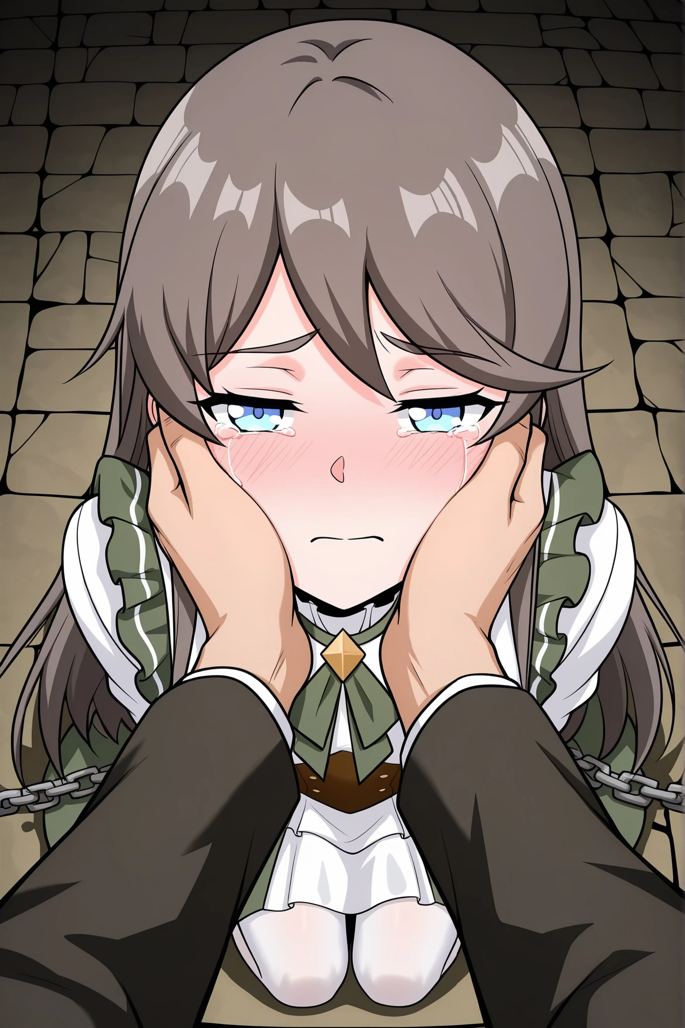 BREAK masterpiece, best quality), amazing quality, absurdres, highres, newest, HDR, 8K, tilly_wimbledon, grey hair, long hair, blue eyes, two-tone dress, frills, long sleeves, brown corset, green neckerchief, white pantyhose, dynamic angle, kneeling, 1girl, her hands tied behind her back, blushing, crying, high angle, looking at viewer, dungeon chamber, chains, half closed eyes, closed mouth, man grabbing woman’s face firmly with two hands, both dominant grip on her cheeks, aggressive passion, struggle and submissiong, man pov, man leaning closer for a kiss, frightened, open mouth