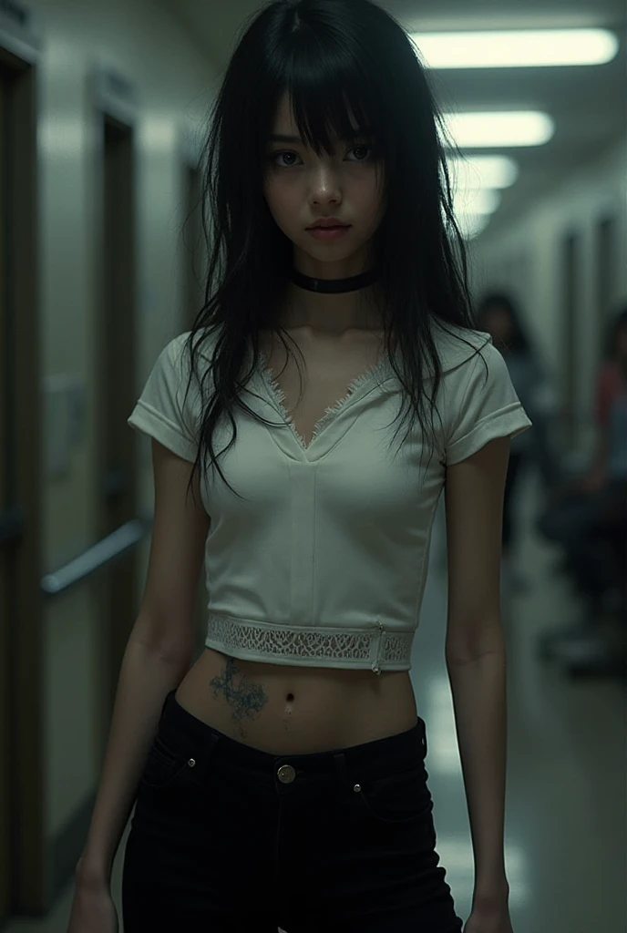 a woman sit barefoot in a prison cell, very thin body, body visible bones, very slender, sweaty wet body, pale white skin, , ,tatto, full body, has a mental breakdown