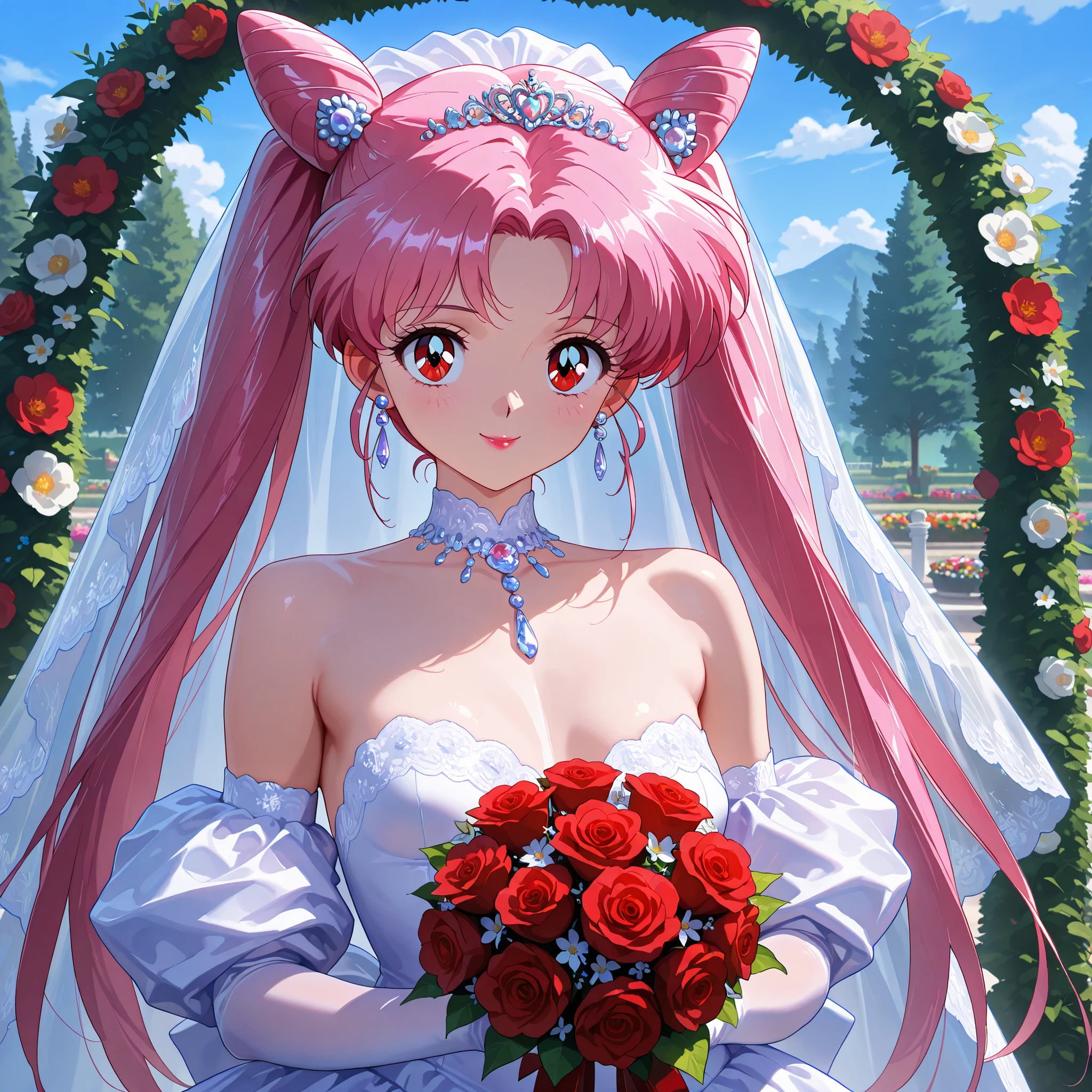 masterpiece, amazing quality, best quality, ultra-detailed, 8K, illustration, clear skin, ultra-detailed-eyes, soft skin, very awa, very as2, soft body, 1990s \(style\), official art, 1girl,solo,bbcusa, long hair, pink hair, cone hair bun, twintails, red eyes, red lipstick, small breasts, photography, portrait, beautiful bride, jewelry, earrings, ornamented wedding gloves, expinsive ornamented long wedding_dress, expensive gorgeous ornamented, elegantly posing, wedding arch, outdoors, beautiful flower garden on backround, holds a bouquet, smile, upper body, looking at viewer