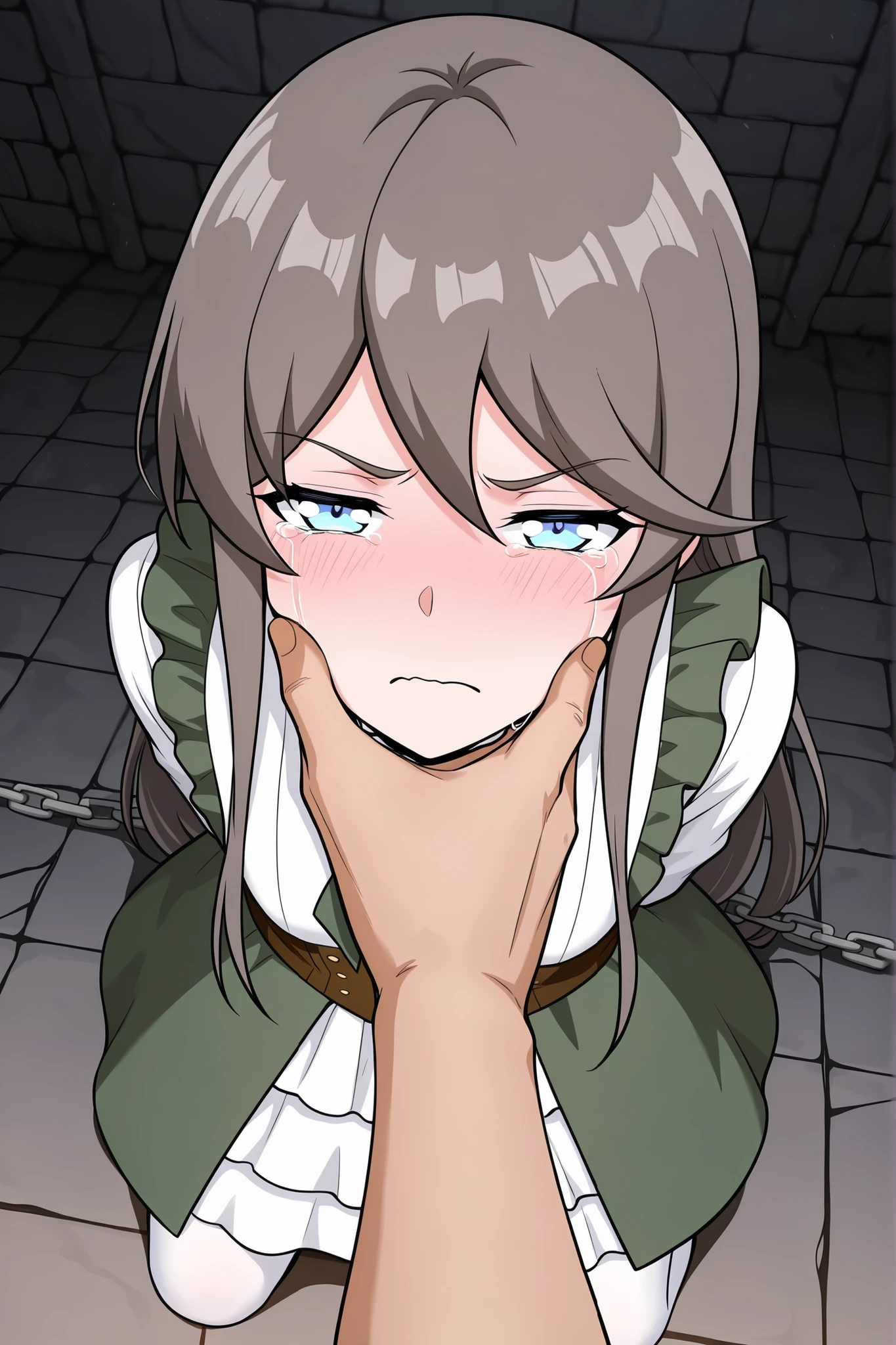 BREAK masterpiece, best quality), amazing quality, absurdres, highres, newest, HDR, 8K, tilly_wimbledon, grey hair, long hair, blue eyes, two-tone dress, frills, long sleeves, brown corset, green neckerchief, white pantyhose, dynamic angle, kneeling, 1girl, her hands tied behind her back, blushing, crying, high angle, looking at viewer, dungeon chamber, chains, half closed eyes, closed mouth, man grabbing woman’s face firmly with two hands, both dominant grip on her cheeks, aggressive passion, struggle and submissiong, man pov, man leaning closer for a kiss, frightened, open mouth