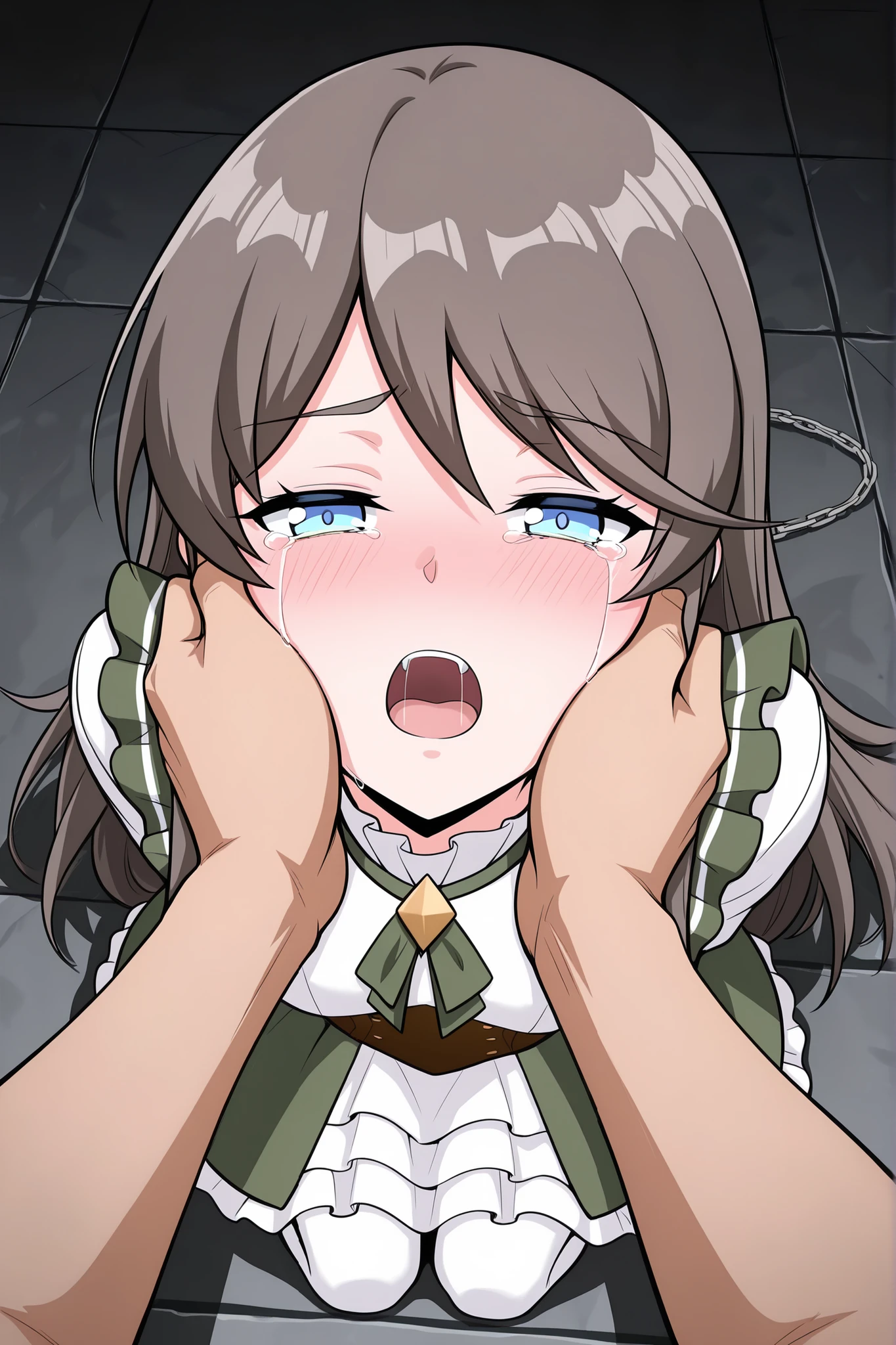 BREAK masterpiece, best quality), amazing quality, absurdres, highres, newest, HDR, 8K, tilly_wimbledon, grey hair, long hair, blue eyes, two-tone dress, frills, long sleeves, brown corset, green neckerchief, white pantyhose, dynamic angle, kneeling, 1girl, her hands tied behind her back, blushing, crying, high angle, looking at viewer, dungeon chamber, chains, half closed eyes, man grabbing woman’s face firmly with two hands, both dominant grip on her cheeks, aggressive passion, struggle and submissiong, man pov, man leaning closer for a kiss, frightened, open mouth