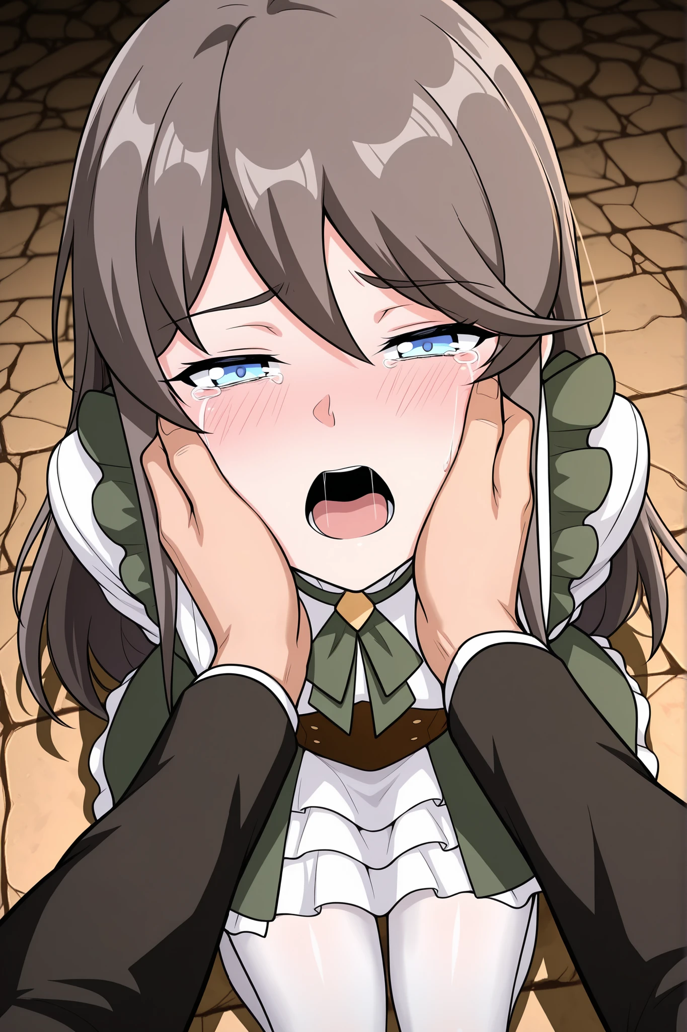 BREAK masterpiece, best quality), amazing quality, absurdres, highres, newest, HDR, 8K, tilly_wimbledon, grey hair, long hair, blue eyes, two-tone dress, frills, long sleeves, brown corset, green neckerchief, white pantyhose, dynamic angle, kneeling, 1girl, her hands tied behind her back, blushing, crying, high angle, looking at viewer, dungeon chamber, chains, half closed eyes, man grabbing woman’s face firmly with two hands, both dominant grip on her cheeks, aggressive passion, struggle and submissiong, man pov, man leaning closer for a kiss, frightened, open mouth