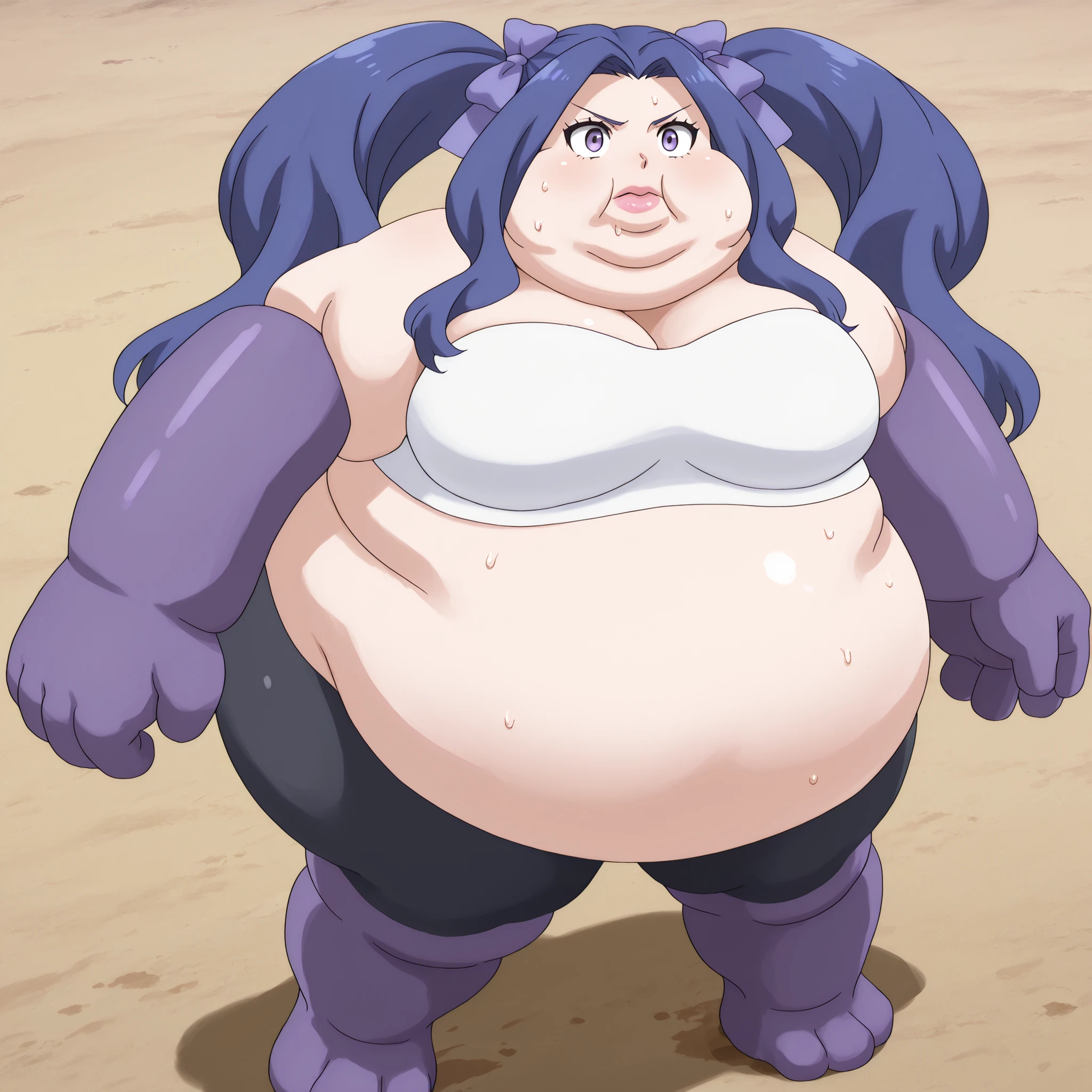 lips, thick lips, pokemon (creature), no humans, 1girl, solo, meltyqm, hair bow, tube top, bike shorts, blank_stare, empty_stare,  fat, chubby, obese, gigantic arms and legs, large breasts, sweating, wet body, swollen face, Fat_neck , Fat head , eyes with crushed cheeks , nose with crushed cheeks , mouth with crushed cheeks , chin roll,
only head, large head, oversized limbs, large hands, large feet, oversized feet, oversized fingers, big lips, plump lips, fat face, fupa, big fupa, fat fupa,  