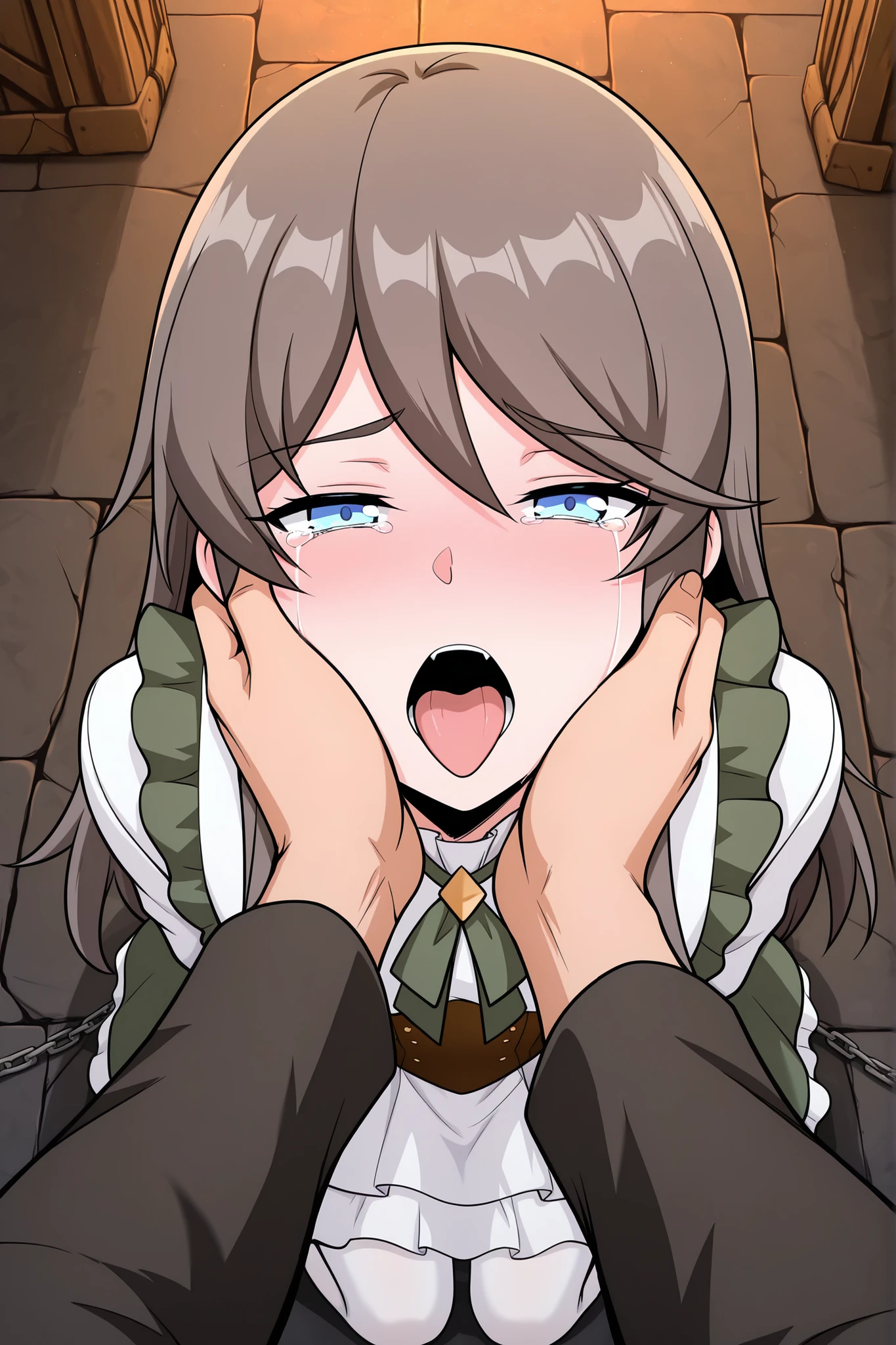 BREAK masterpiece, best quality), amazing quality, absurdres, highres, newest, HDR, 8K, tilly_wimbledon, grey hair, long hair, blue eyes, two-tone dress, frills, long sleeves, brown corset, green neckerchief, white pantyhose, dynamic angle, kneeling, 1girl, her hands tied behind her back, blushing, crying, high angle, looking at viewer, dungeon chamber, chains, half closed eyes, man grabbing woman’s face firmly with two hands, both dominant grip on her cheeks, aggressive passion, struggle and submissiong, man pov, man leaning closer for a kiss, frightened, open mouth, tongue out