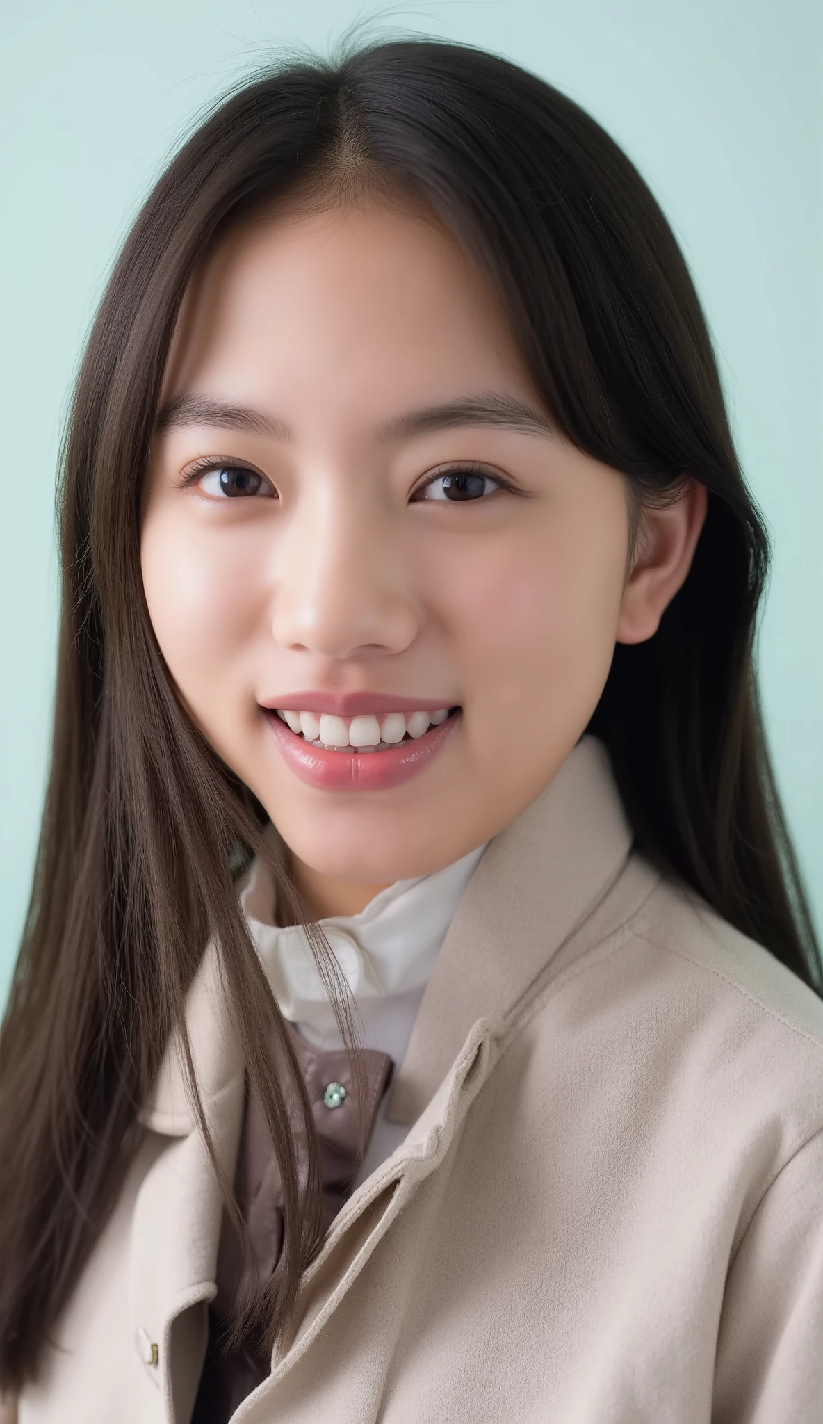 Neat Young Woman、looking at the camera、office lady suit、jacket、shirt、Ear piercings、、 、、smile showing teeth、big smile、face close-up、The background is office