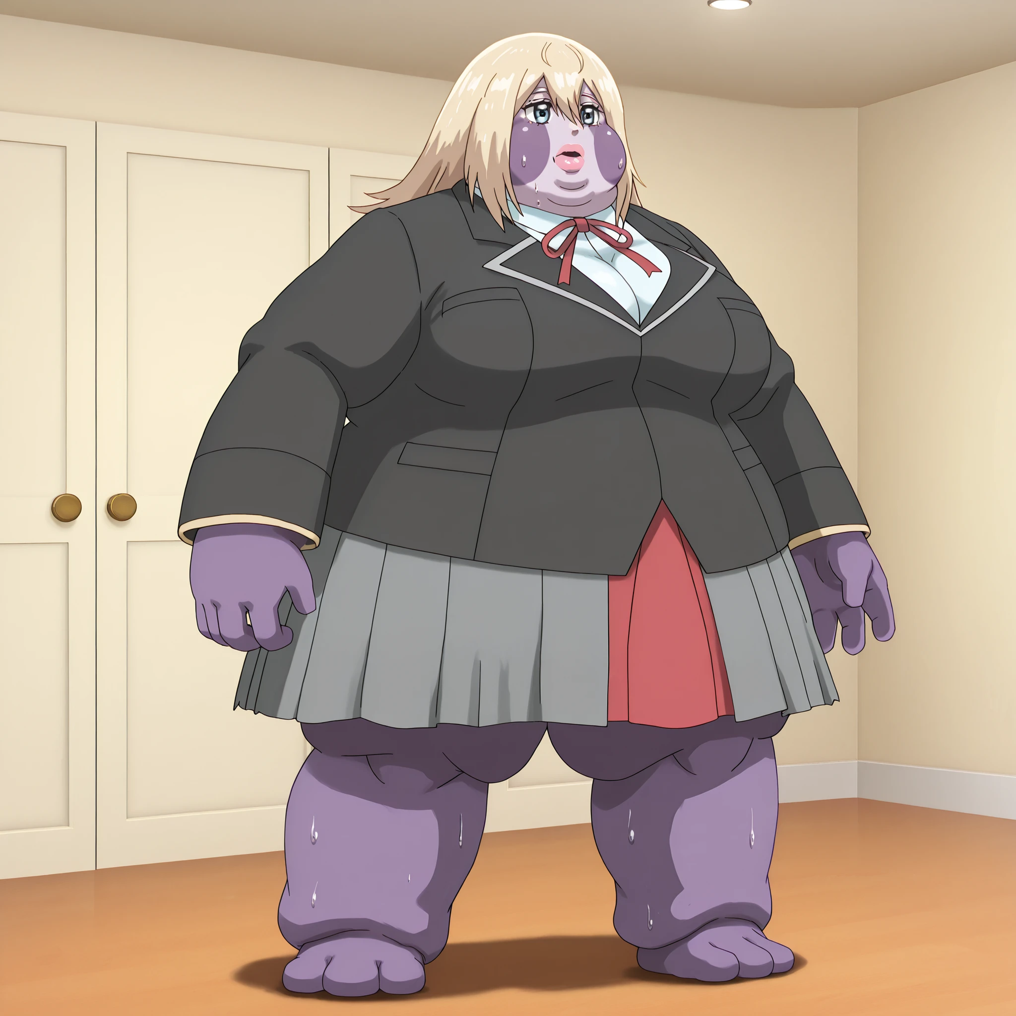 colored skin, lips, thick lips, pokemon (creature), no humans, long hair, blonde hair, black eyes, dress, red dress, purple skin, 1girl, girl, indoors, aaolivia, blue eyes, blonde hair, oliviaschool, red neck ribbon, white dress shirt, black blazer, grey skirt, pleated skirt, blank_stare, empty_stare,  fat, chubby, obese, gigantic arms and legs, large breasts, sweating, wet body, swollen face, Fat_neck , Fat head , eyes with crushed cheeks , nose with crushed cheeks , mouth with crushed cheeks , chin roll,
only head, large head, oversized limbs, large hands, large feet, oversized feet, oversized fingers, big lips, plump lips, fat face, fupa, big fupa, fat fupa, 