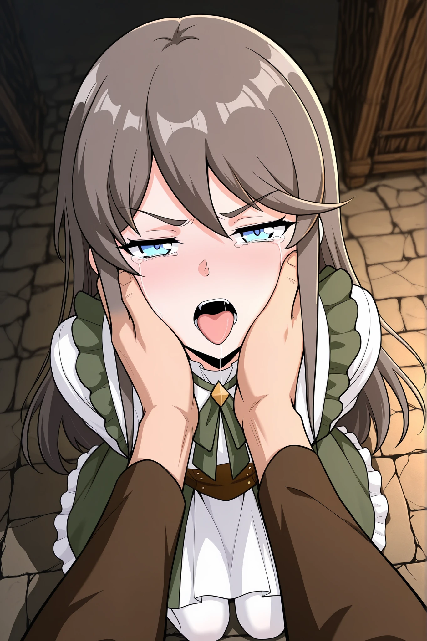 BREAK masterpiece, best quality), amazing quality, absurdres, highres, newest, HDR, 8K, tilly_wimbledon, grey hair, long hair, blue eyes, two-tone dress, frills, long sleeves, brown corset, green neckerchief, white pantyhose, dynamic angle, kneeling, 1girl, her hands tied behind her back, blushing, crying, high angle, looking at viewer, dungeon chamber, chains, half closed eyes, man grabbing woman’s face firmly with two hands, both dominant grip on her cheeks, aggressive passion, struggle and submissiong, man pov, man leaning closer for a kiss, frightened, open mouth, tongue out, annoyed