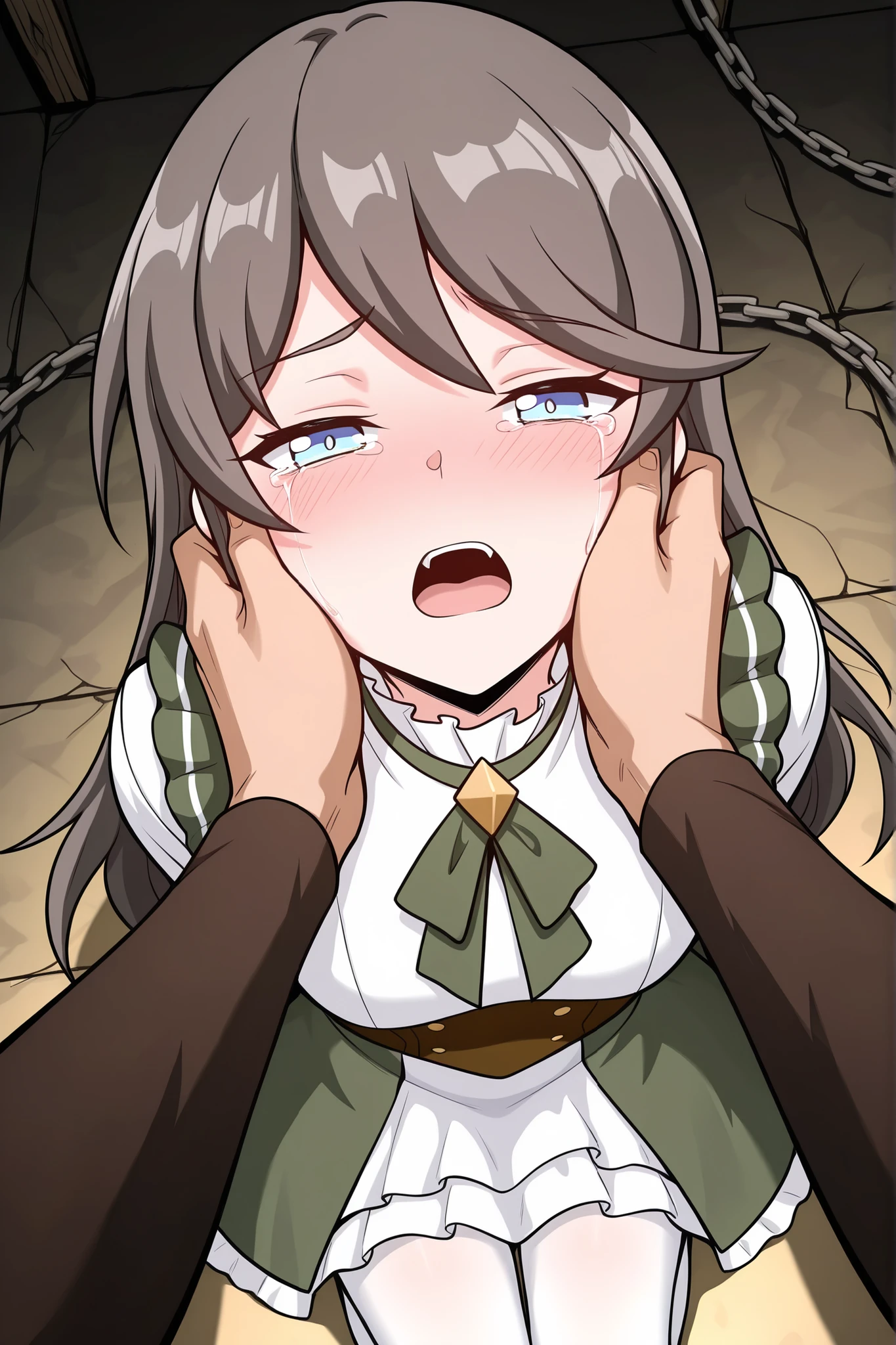BREAK masterpiece, best quality), amazing quality, absurdres, highres, newest, HDR, 8K, tilly_wimbledon, grey hair, long hair, blue eyes, two-tone dress, frills, long sleeves, brown corset, green neckerchief, white pantyhose, dynamic angle, kneeling, 1girl, her hands tied behind her back, blushing, crying, high angle, looking at viewer, dungeon chamber, chains, half closed eyes, man grabbing woman’s face firmly with two hands, both dominant grip on her cheeks, aggressive passion, struggle and submissiong, man pov, man leaning closer for a kiss, frightened, open mouth
