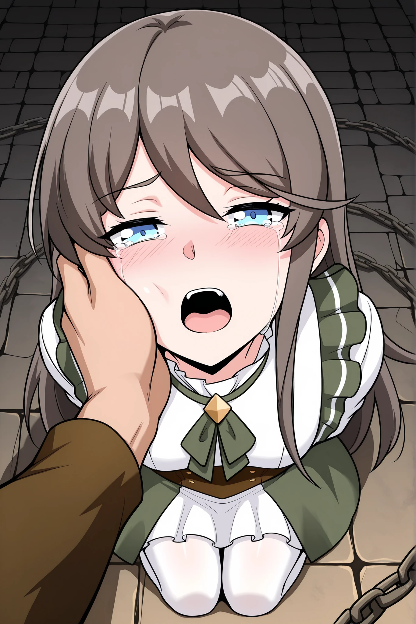 BREAK masterpiece, best quality), amazing quality, absurdres, highres, newest, HDR, 8K, tilly_wimbledon, grey hair, long hair, blue eyes, two-tone dress, frills, long sleeves, brown corset, green neckerchief, white pantyhose, dynamic angle, kneeling, 1girl, her hands tied behind her back, blushing, crying, high angle, looking at viewer, dungeon chamber, chains, half closed eyes, man grabbing woman’s face firmly with two hands, both dominant grip on her cheeks, aggressive passion, struggle and submissiong, man pov, man leaning closer for a kiss, frightened, open mouth