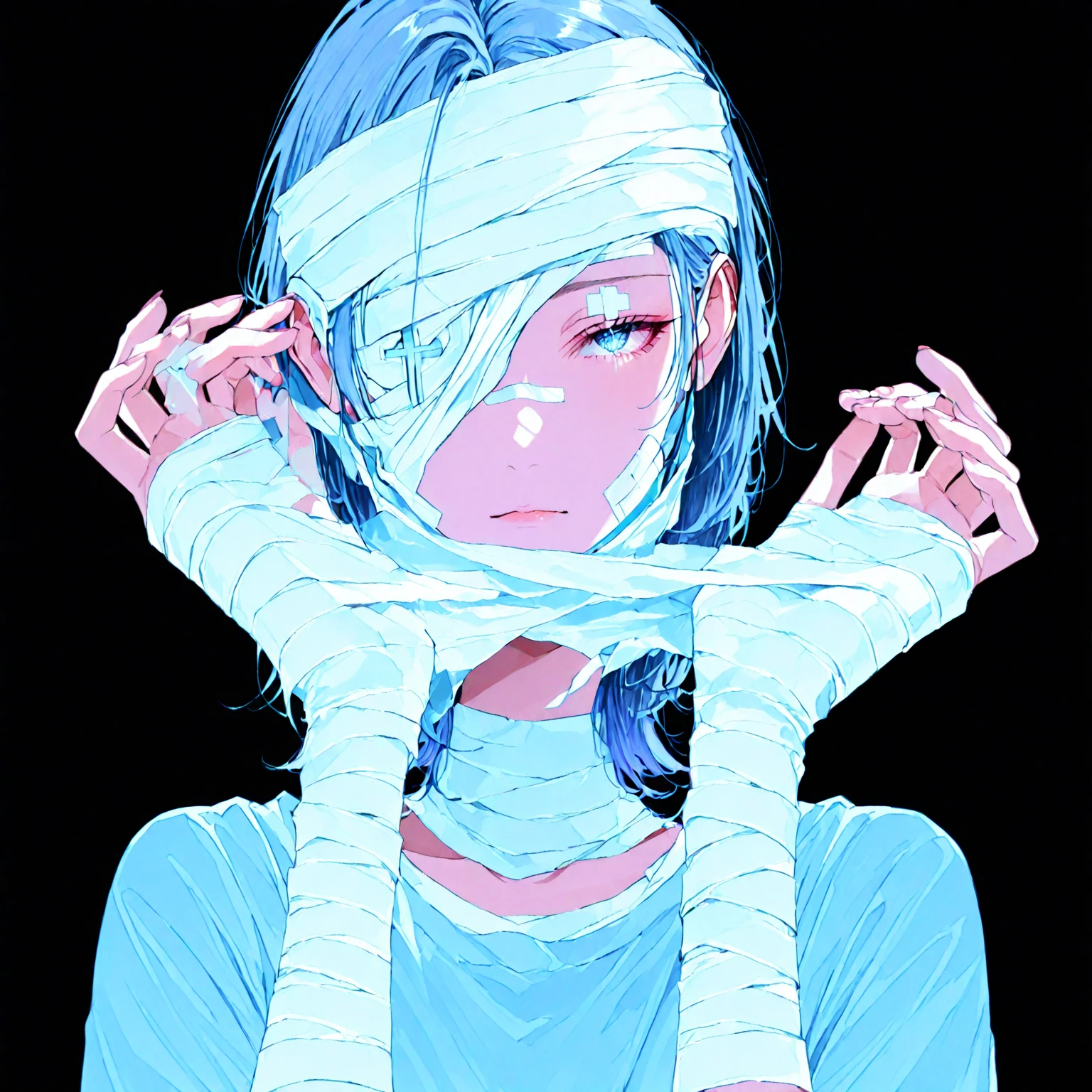 woman tied with bandages, eyes covered, on top of a mountain (art inspired by Bill Sienkiewicz)
