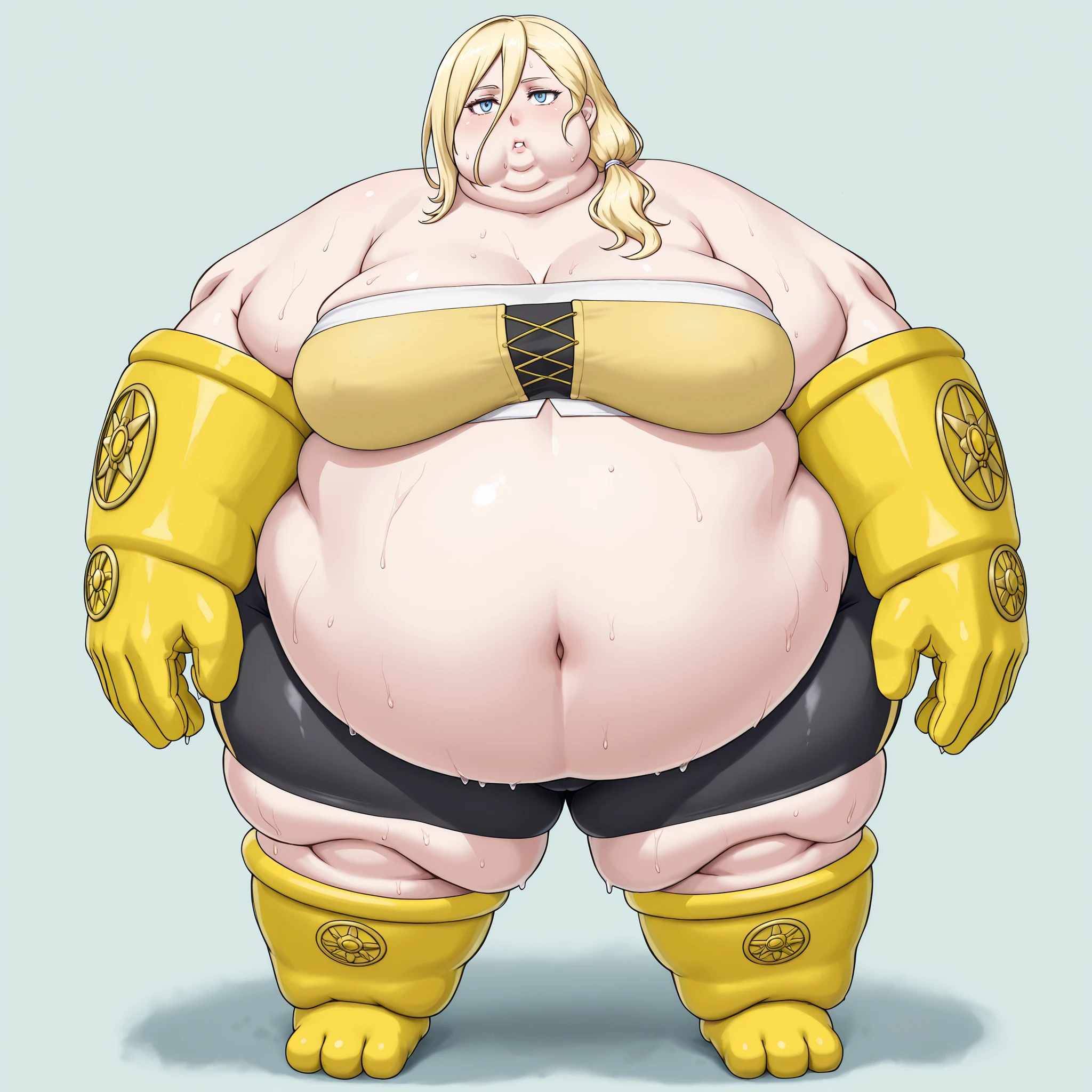 La_Monica
1girl, solo, blonde hair, long hair, side ponytail, hair between eyes,
hair tie, white hair tie,
tube top, bike shorts, blank_stare, empty_stare,  fat, chubby, obese, gigantic arms and legs, large breasts, sweating, wet body, swollen face, Fat_neck , Fat head , eyes with crushed cheeks , nose with crushed cheeks , mouth with crushed cheeks , chin roll,
only head, large head, oversized limbs, large hands, large feet, oversized feet, oversized fingers, big lips, plump lips, fat face, fupa, big fupa, fat fupa, 