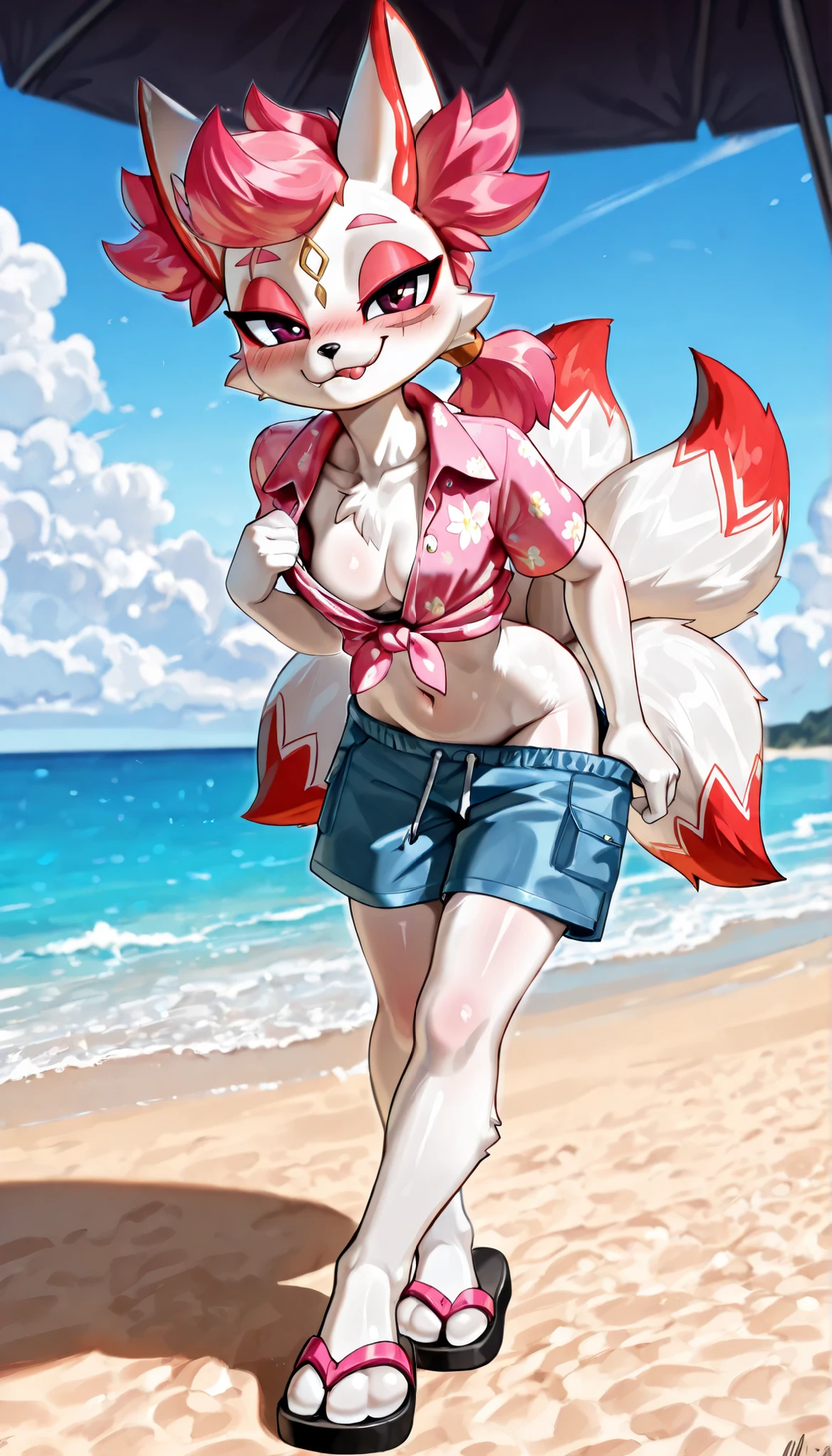 score_9,score_8_up,score_7_up, source_cartoon, source_furry, thick outline, anthropomorphic, countershading, kimiko five tails, furry female anthro, fox girl, white body fur, Pink hair, ((pink hawaiian shirt, short sleeves, collared shirt, tied shirt, midriff, cleavage, blue shorts, sandals)), small breasts, detailed body fur, detailed body, detailed face, detailed eyes, glistering body, shiny body, skinny, :3, multiple tails, multi tail, solo, body fur, (best quality), cinematic lighting, looking at viewer, anime style, short ponytail, scar on face, 2D, fang, navel, small breasts, beach on background, standing, full body, feets with three toes, looking at you, epic portrait, smile, blush, presenting front, sensual pose, tonned body, thin body, short body, big head, partial nude, striptease, striptease act, undressing act, undressing by self, unfastened shorts, one hand pull down his shorts, one shoulder off, sexy, seductive stance, detailed fluffy, flirting, flirting with viewer, (seductive flirty face:1.4), licking own lips, licking lips, leaning forward,