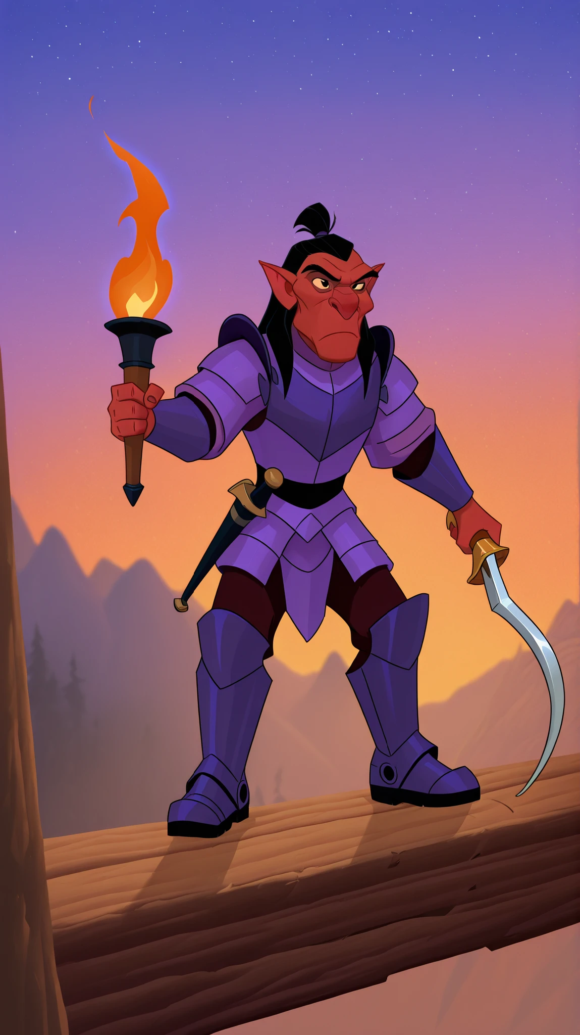 DISNEY_ANIMATION. A buff male hobgoblin, red skin, big nose, long black hair, dressed in purple armor, iron boots, wielding a scimitar in one hand, holding a torch in the other, hunting horn on hip, standing on a wooden platform in the mountains, evening scene, stars in sky, dynamic lighting
