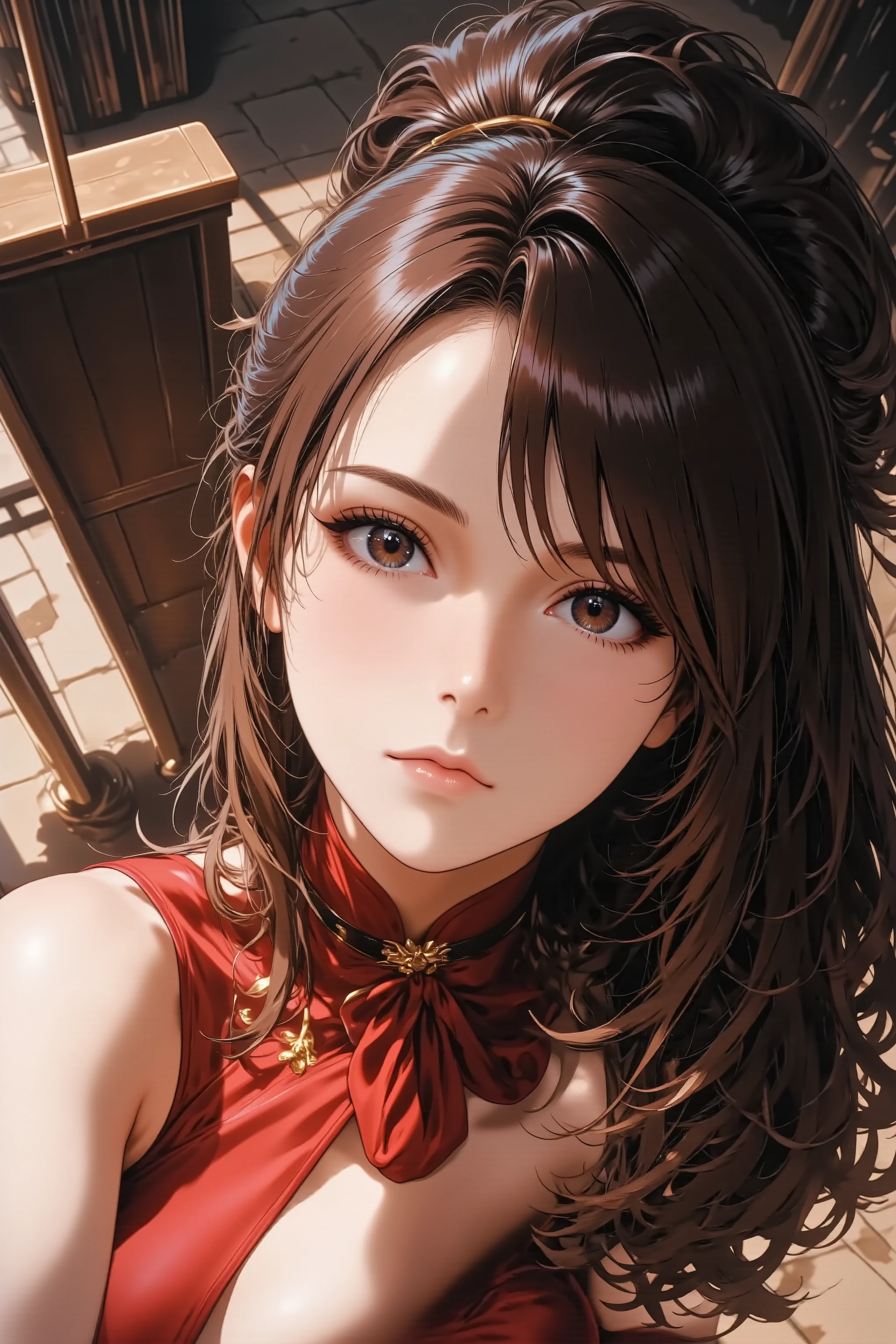 masterpiece, best quality, anime style, high angle shot, alluring adult woman, seductive pose, elegant dress, smooth skin, confident gaze, (arching back:1.2), long flowing hair, looking directly at viewer, soft light, mysterious atmosphere, rich colors, intricate details