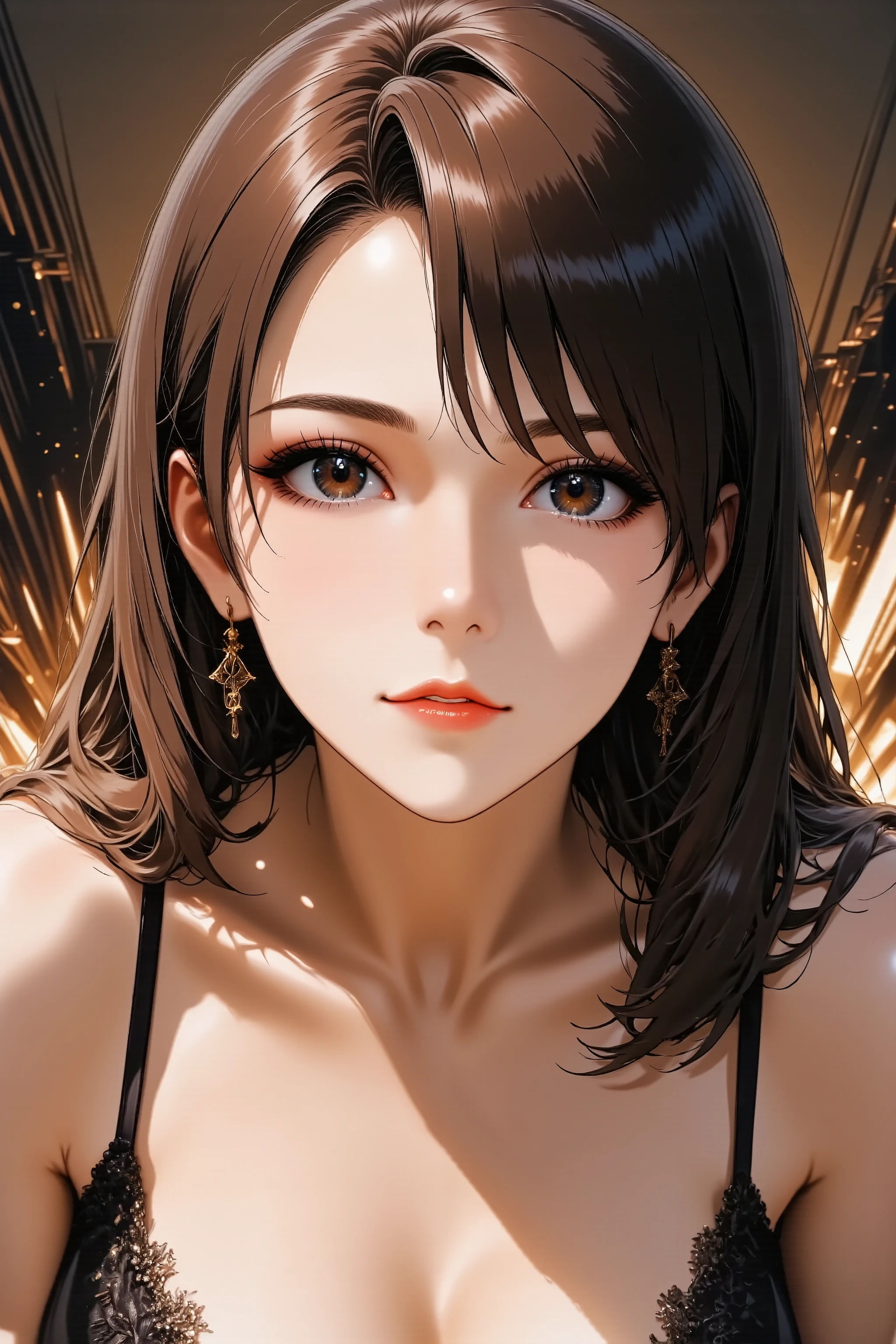 1girl, high angle shot, long hair, light smile, facing up, makeup, red lips, elegant dress, looking at viewer, from side, full body