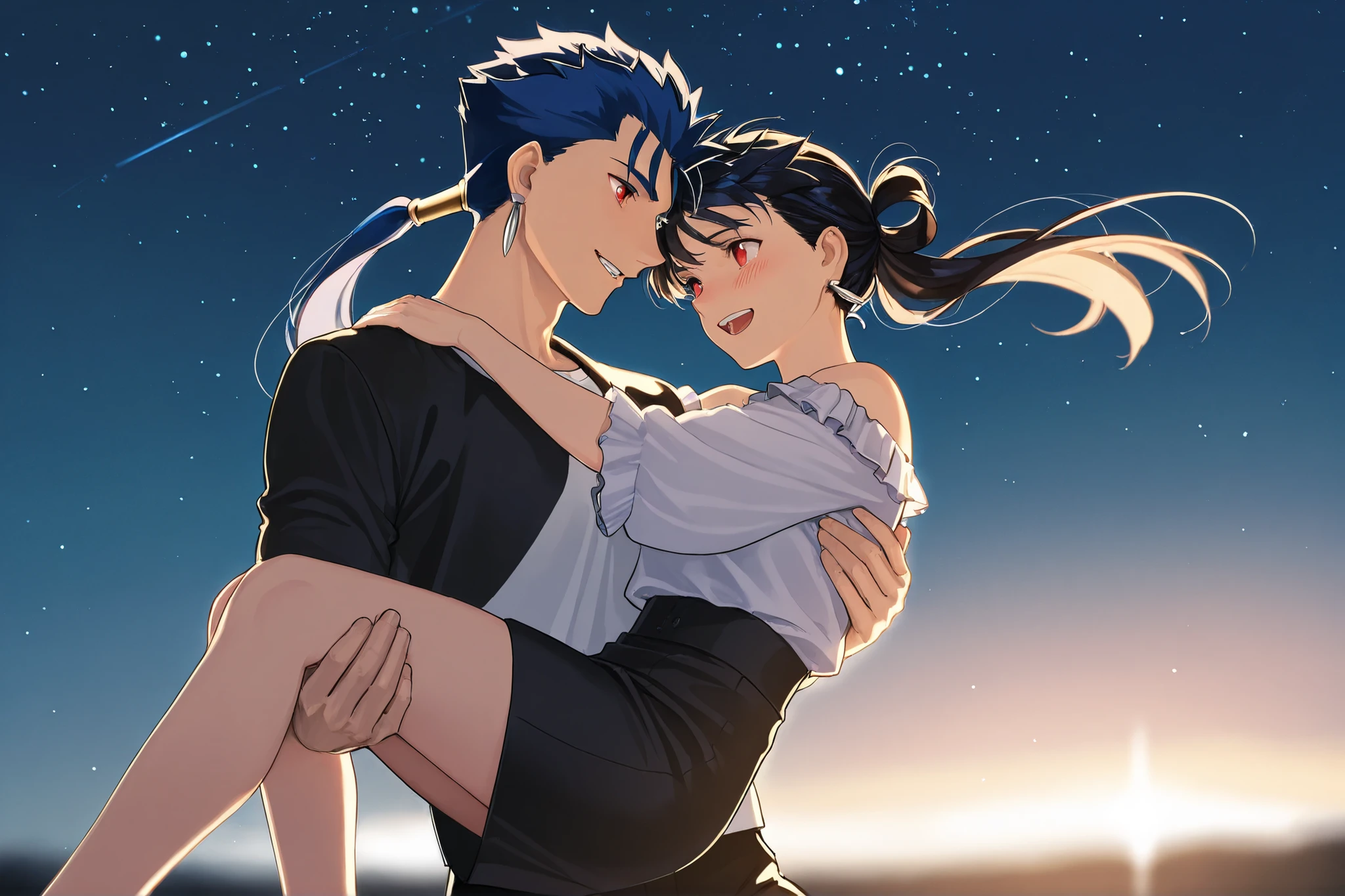 score_9, score_8_up, score_7_up, masterpiece, best quality, detailed face, 2character, 1boy, cu_chulainn_lancer, hair ring, rattail,silver earrings,best eyes, grinning, looking at oc, chu_chulainn_lancer wearing black sports jacket with white shirt and black pants, 1girl, oc, beautiful, modest chest, slender body, mature, light makeup, adorable, blushing, shy, looking at cu_chulainn_lancer, very long black hair, red eyes, ponytail hair, beautiful girl wearing a red off-shoulder top and black frilly very short skirt, cu_chulainn_lancer princess carry the girl. Outdoor background, starry sky, happy, windy, hair flow, night, depth of field, bloom, soft lighting, best composition, looking at each other, from the front, from the side, dynamic composition, falling,