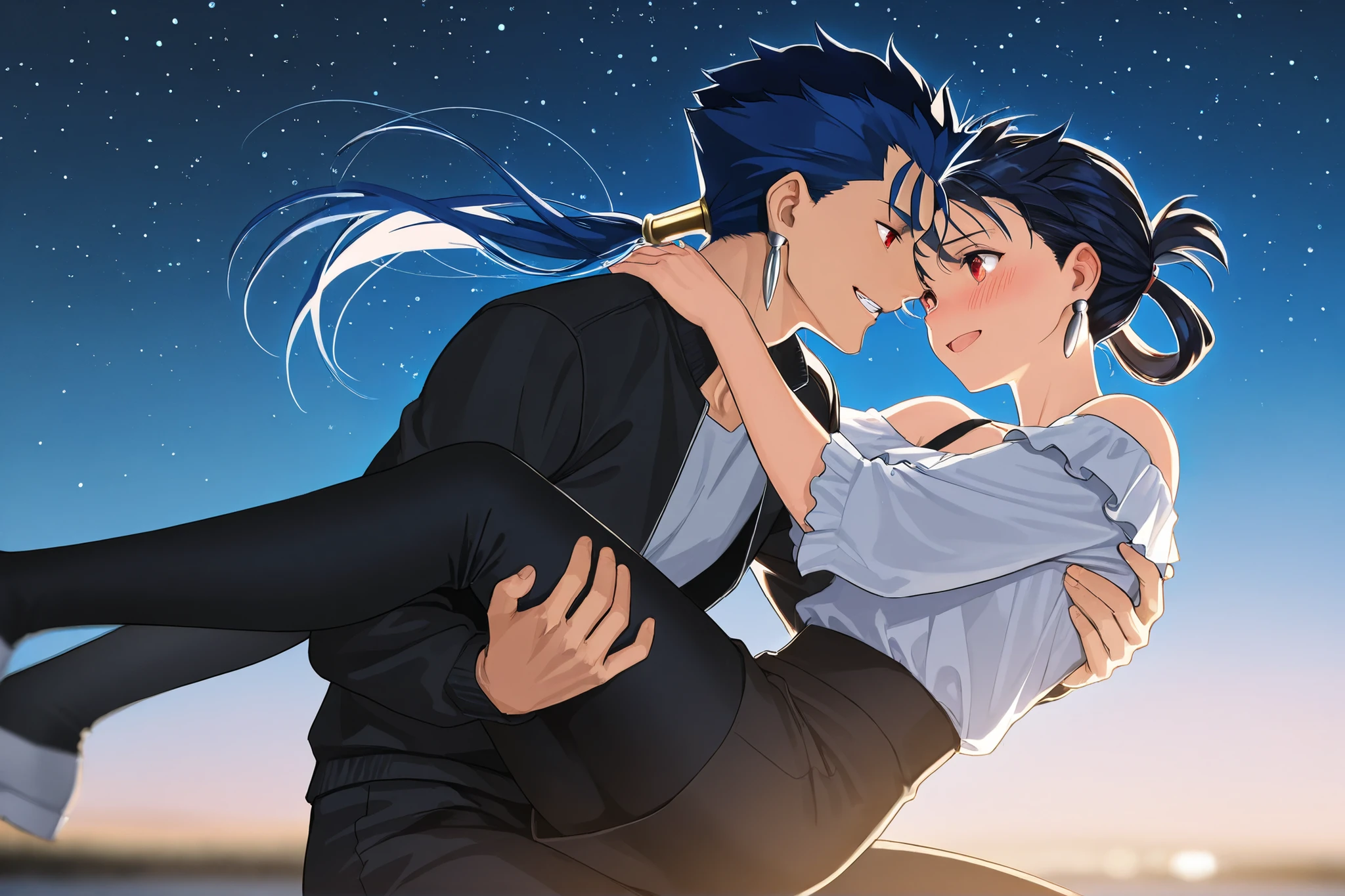 score_9, score_8_up, score_7_up, masterpiece, best quality, detailed face, 2character, 1boy, cu_chulainn_lancer, hair ring, rattail,silver earrings,best eyes, grinning, looking at oc, chu_chulainn_lancer wearing black sports jacket with white shirt and black pants, 1girl, oc, beautiful, modest chest, slender body, mature, light makeup, adorable, blushing, shy, looking at cu_chulainn_lancer, very long black hair, red eyes, high ponytail hair, beautiful girl wearing a red off-shoulder top and black frilly very short skirt, cu_chulainn_lancer princess carry the girl. Outdoor background, starry sky, happy, windy, hair flow, night, depth of field, bloom, soft lighting, best composition, looking at each other, from the front, from the side, dynamic composition, falling,