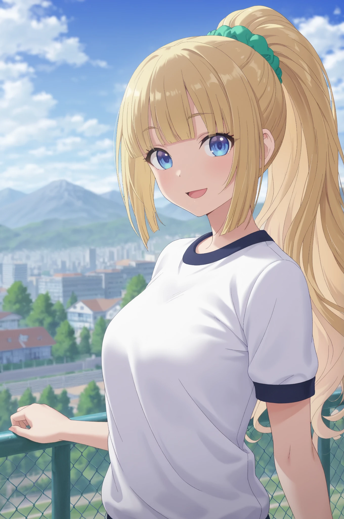 A woman in a blue shirt and shorts standing in a garden - SeaArt AI