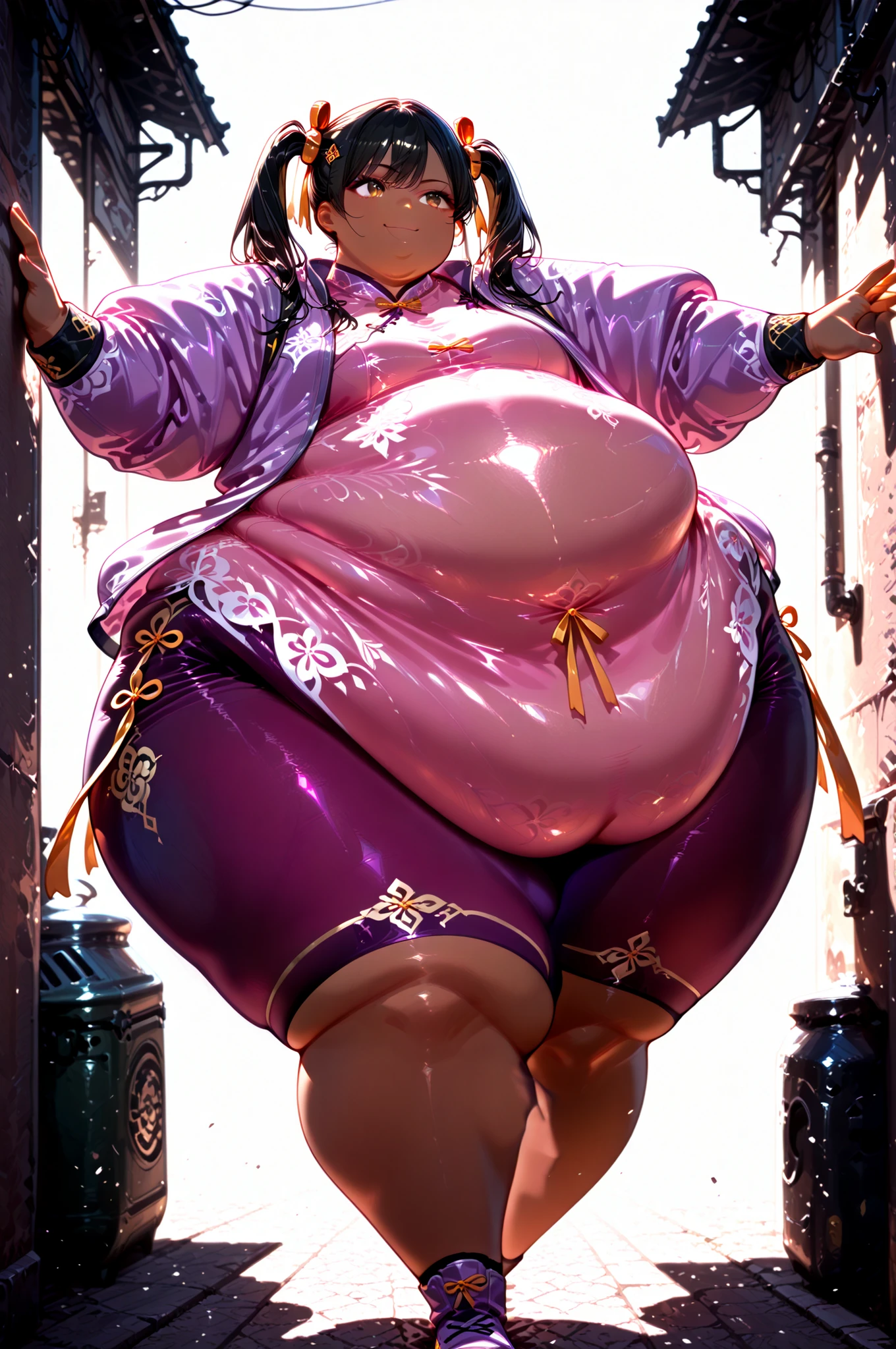 1girl, solo, masterpiece, best quality, Ling Xiaoyu, long hair, black hair, twin tails, brown eyes, dark skin, Asian, shirt, long sleeves, hair ornament, ribbon, hair ribbon, open clothes, shorts, open jacket, purple jacket, purple shorts, Chinese clothes, short dress, bike shorts, China dress, yellow ribbon, hyper obese, hyper fat, full body, smile, outdoors, alley, kicking, action pose, dynamic angle, fighting stance