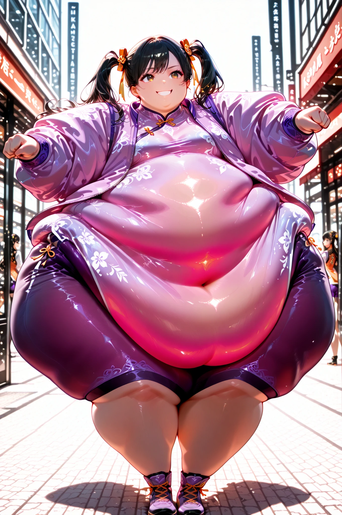 1girl, solo, masterpiece, best quality, Ling Xiaoyu, long hair, black hair, twin tails, brown eyes, Asian, shirt, long sleeves, hair ornament, ribbon, hair ribbon, open clothes, shorts, open jacket, purple jacket, purple shorts, Chinese clothes, short dress, bike shorts, China dress, yellow ribbon, hyper obese, hyper fat, full body, smile, outdoors, mall, punching, action pose, dynamic angle, fighting stance