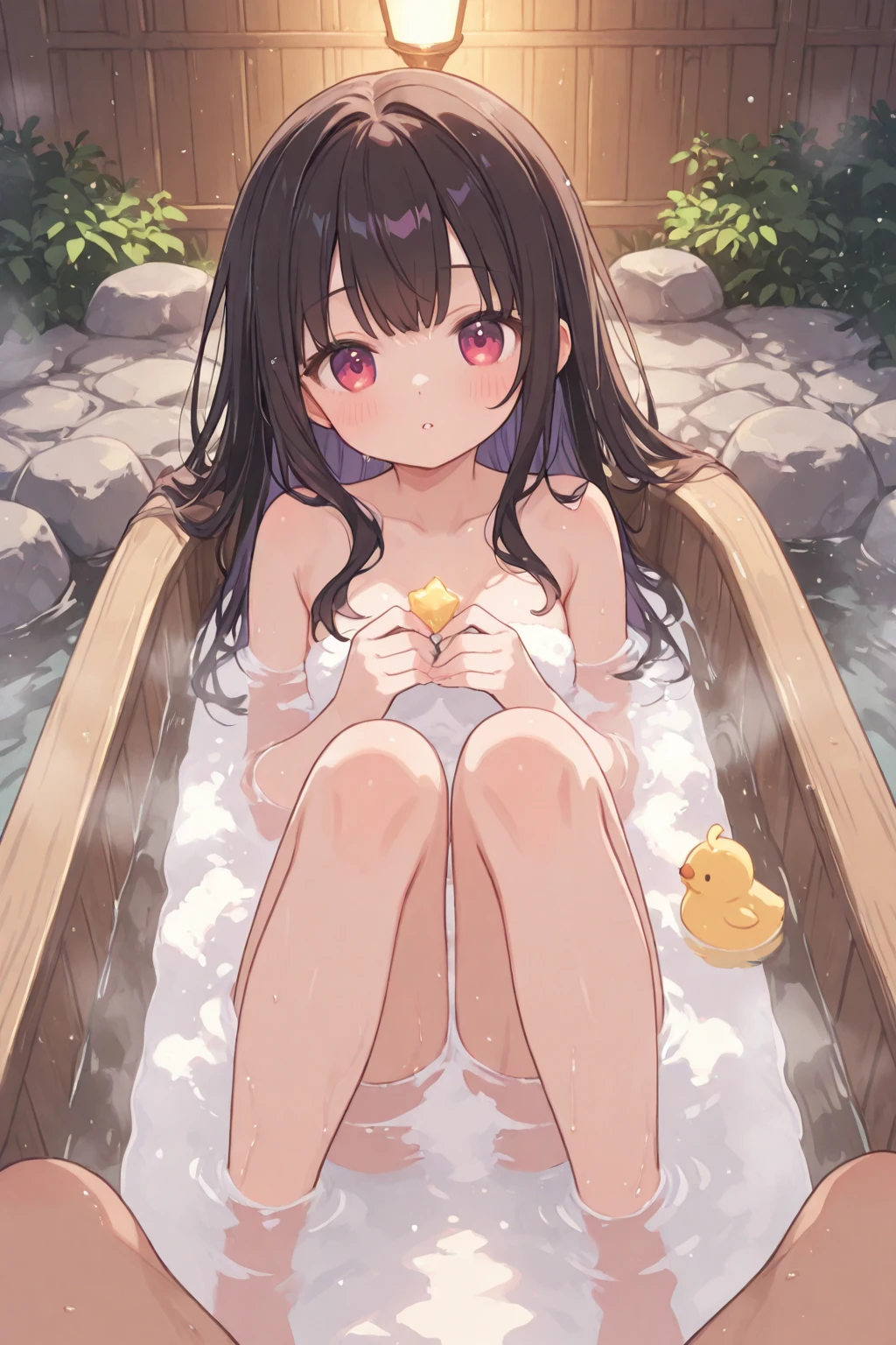 ?????, messy hair, scrunchie on thighs, hands up, view from above, in empty room with water, feathers on the thighs