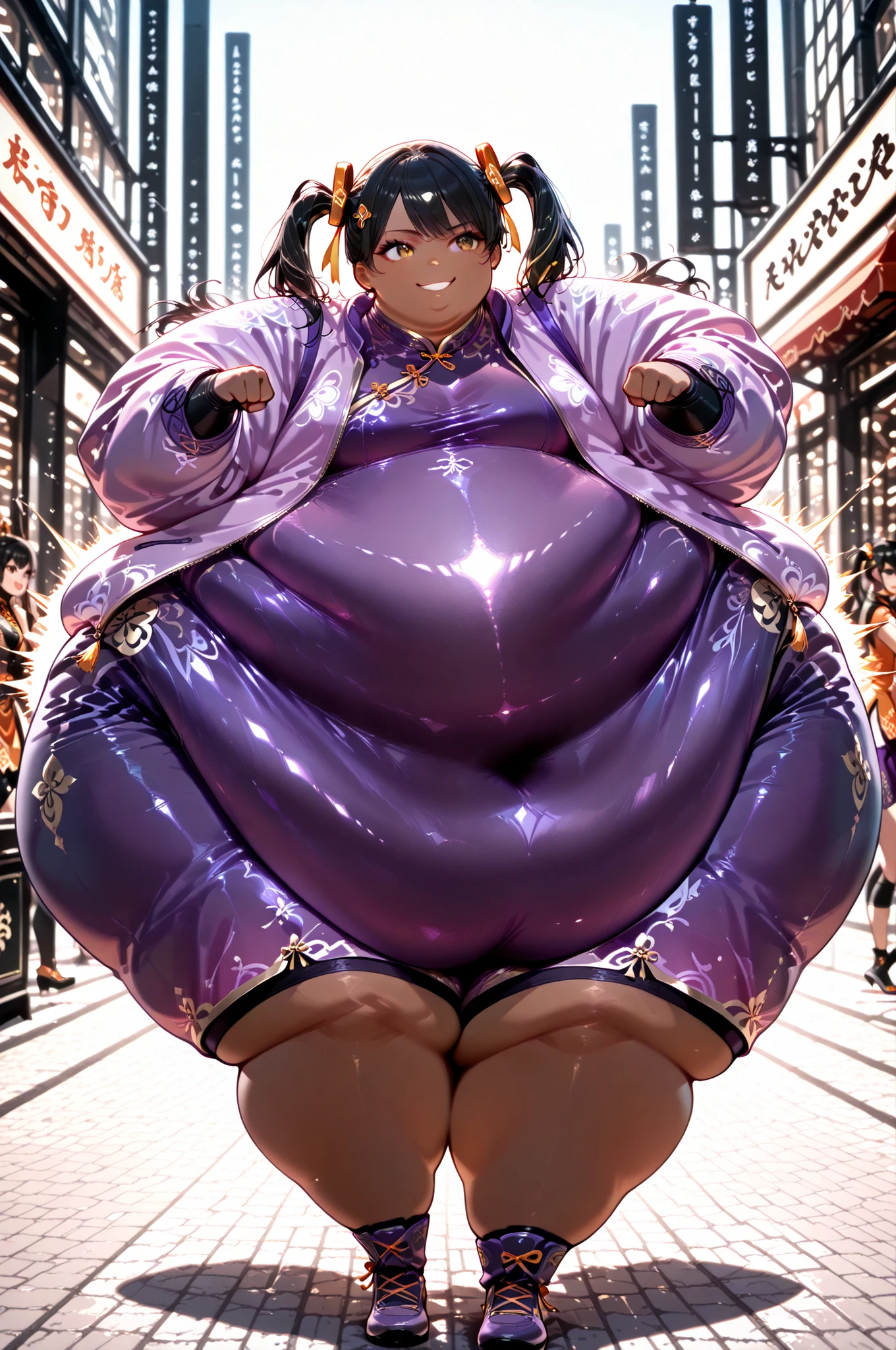 1girl, solo, masterpiece, best quality, Ling Xiaoyu, long hair, black hair, twin tails, brown eyes, dark skin, Asian, shirt, long sleeves, hair ornament, ribbon, hair ribbon, open clothes, shorts, open jacket, purple jacket, purple shorts, Chinese clothes, short dress, bike shorts, China dress, yellow ribbon, hyper obese, hyper fat, full body, smile, outdoors, mall, punching, action pose, dynamic angle, fighting stance