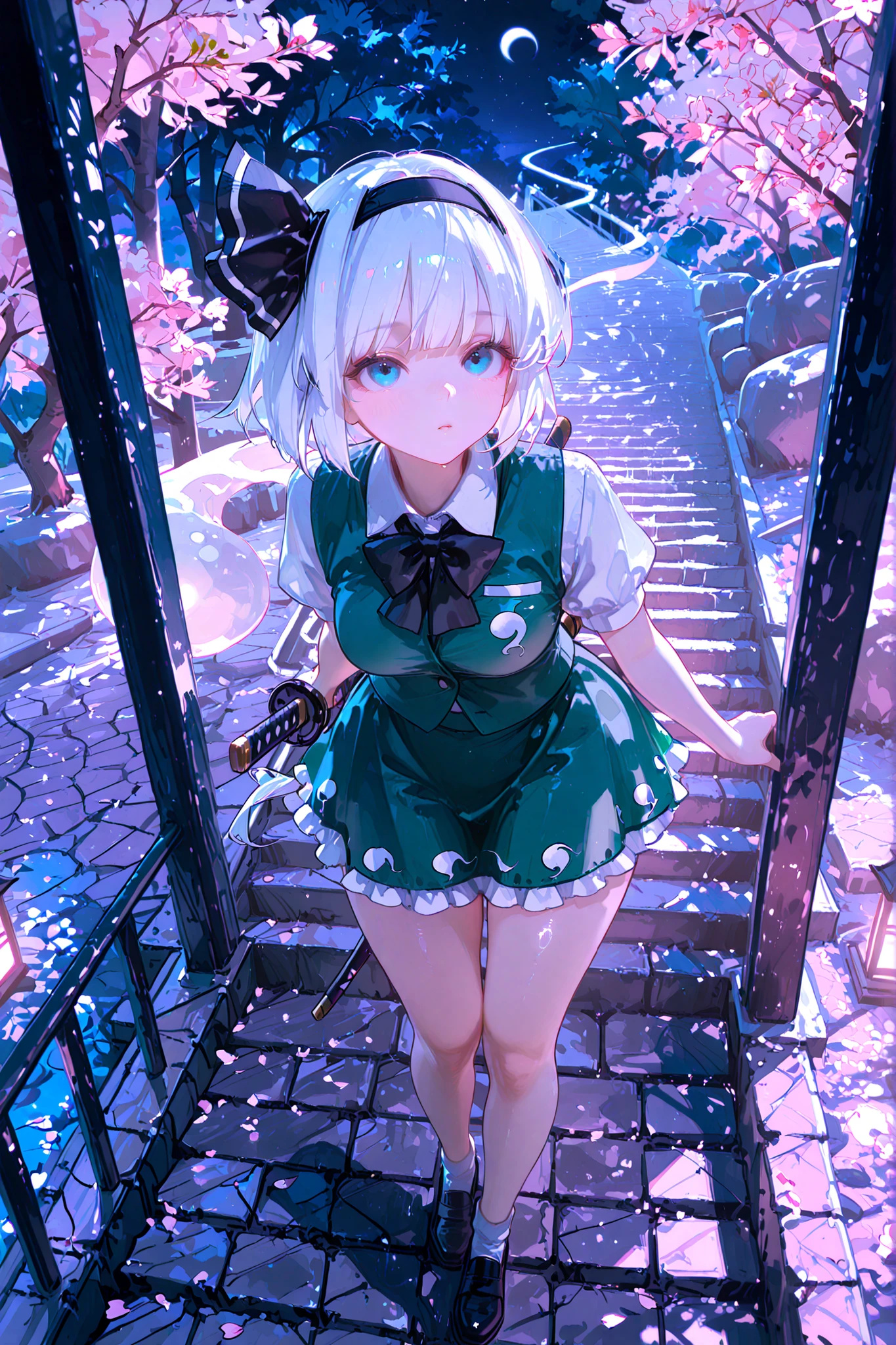 (8k), (best quality), (konpaku youmu), Realistic Shadows、colored line art、Hairstyle faithful to the original、white hair、black headband、blue eyes、look at viewer, above、(Zitoida)、Short Height、frills付きの白いボタン付きシャツ、black ribbon tie、green vest、frills、Green Skirt、slightly bulging breasts、slightly thick thighs、full body, wide view, from above、turn around, looking up from below、Climbing the Stone Stairs、Pink Highlights、walking、Cherry blossom trees、(at night), Fantastic Illustrations
