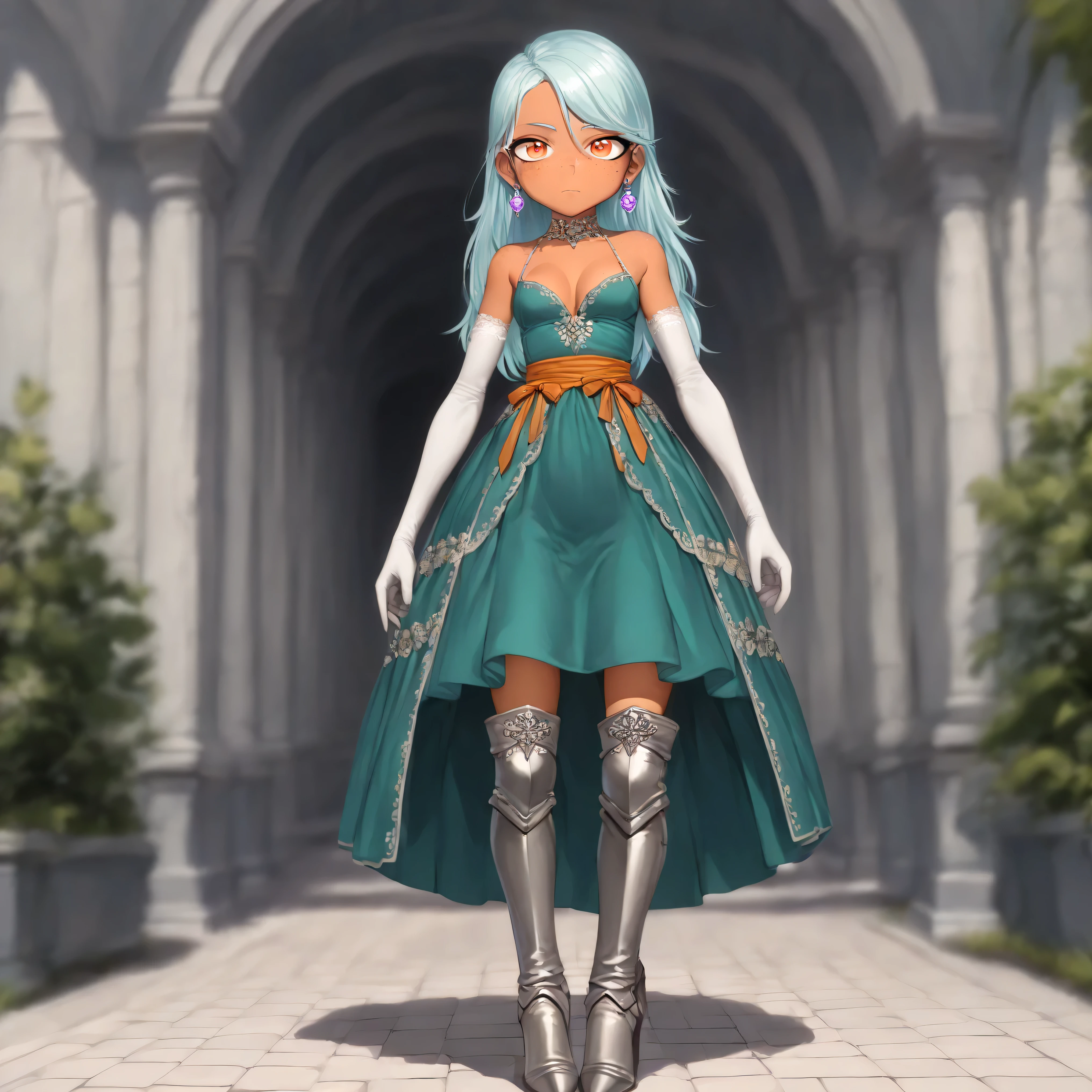 1 female,solo, long hair, fair wind-swept light blue hair, freckles on cheeks just below the eyes and ond her cleavage, orange eyes, public, jewelry, purple earrings, armored princess dress(1.3, electric green dress color, white breasts, orange ribbon, dark gray heel boots, thigh-length boots, high heels, white elbow-length gloves, princess dress, beautiful legs, thin thighs, thin calves, small breasts, petite loli, thin waist,butt, baby face, perfect face, beautiful skin, Anatomically correct, best quality,super detailed, Highest quality,masterpiece, high quality, blurred background, indoor, weapon training grounds caramel brown skin, 4 fingers 1 thumb, two hands, one left hand one right hand, feminine eyelashes, intricate details, (detailed background), sharp focus, serious, (solo), standing straight, facing forward, (Both arms Outstretched) ((masterpiece)), ((HD)), ((high res)), ((solo portrait)), ((full body)), ((front view)), ((feet visible)), ((detailed shading)), ((beautiful render art)), (slightly curvy hips), (beautiful legs),(standing straight) looking at viewer)}