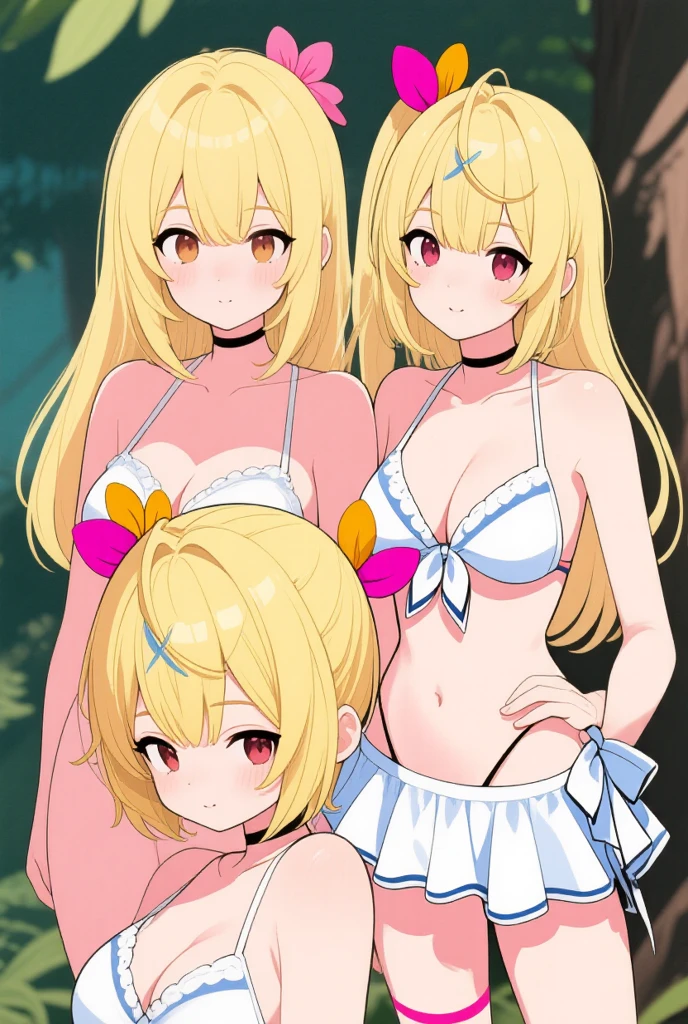 (superflat, flat shading, flat colors:1.1), 3girls, petite, loli, slim, small ??????, blonde hair, white bra, white panties, smile, teeth, blush, studio photoshoot, bright sunlight, best shadows,