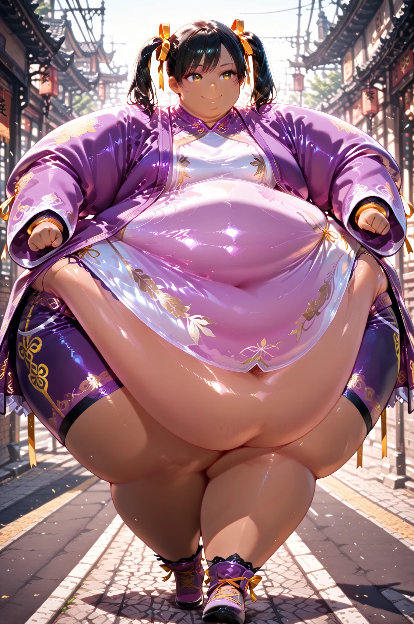 1girl, solo, masterpiece, best quality, Ling Xiaoyu, long hair, black hair, twin tails, brown eyes, Asian, dark skin, shirt, long sleeves, hair ornament, ribbon, hair ribbon, open clothes, shorts, open jacket, purple jacket, purple shorts, Chinese clothes, short dress, bike shorts, China dress, yellow ribbon, hyper obese, hyper fat, full body, smile, outdoors, walking, action pose, dynamic angle