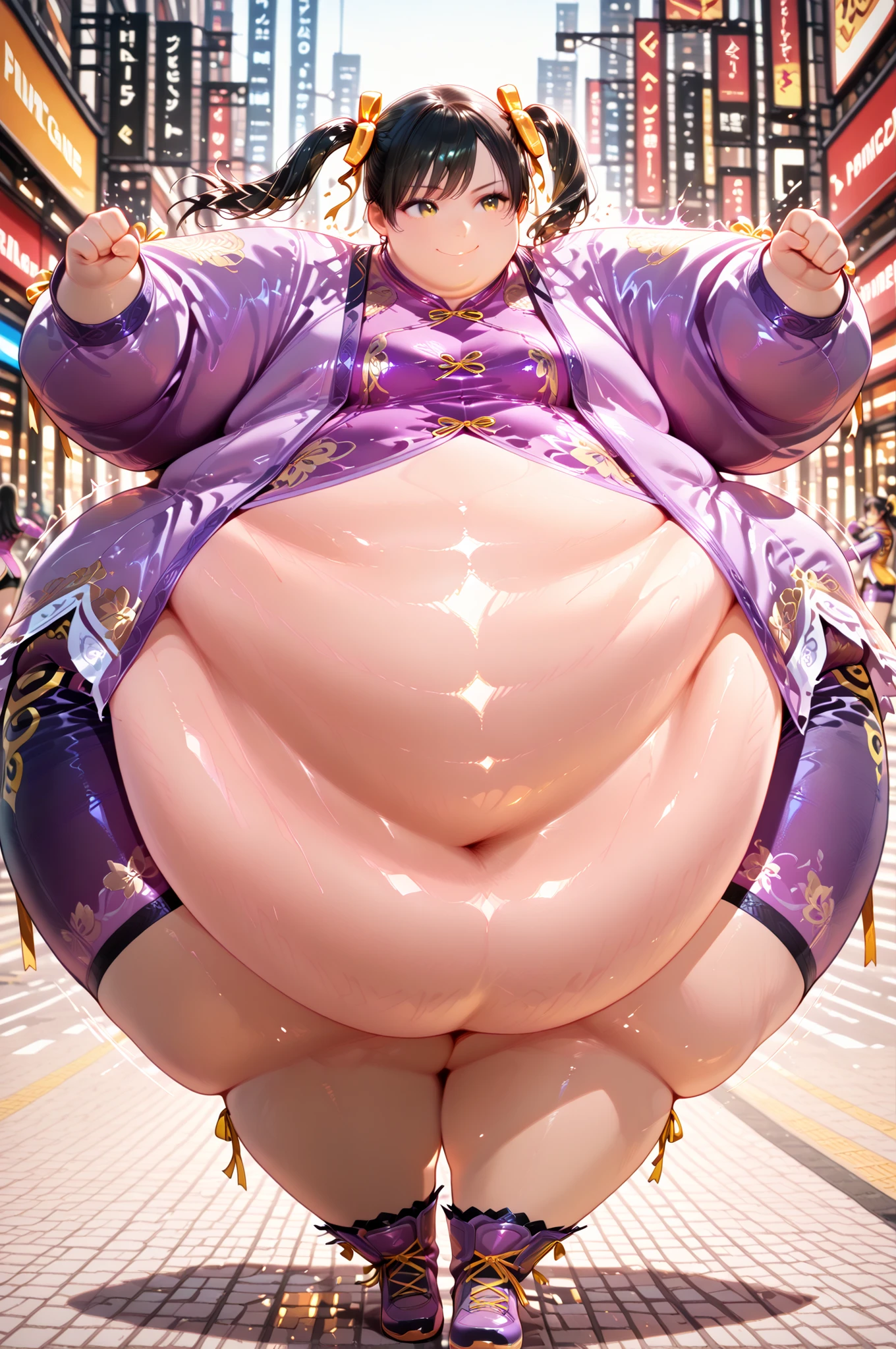 1girl, solo, masterpiece, best quality, Ling Xiaoyu, long hair, black hair, twin tails, brown eyes, Asian, shirt, long sleeves, hair ornament, ribbon, hair ribbon, open clothes, shorts, open jacket, purple jacket, purple shorts, Chinese clothes, short dress, bike shorts, China dress, yellow ribbon, hyper obese, hyper fat, full body, smile, outdoors, mall, punching, action pose, dynamic angle, fighting stance