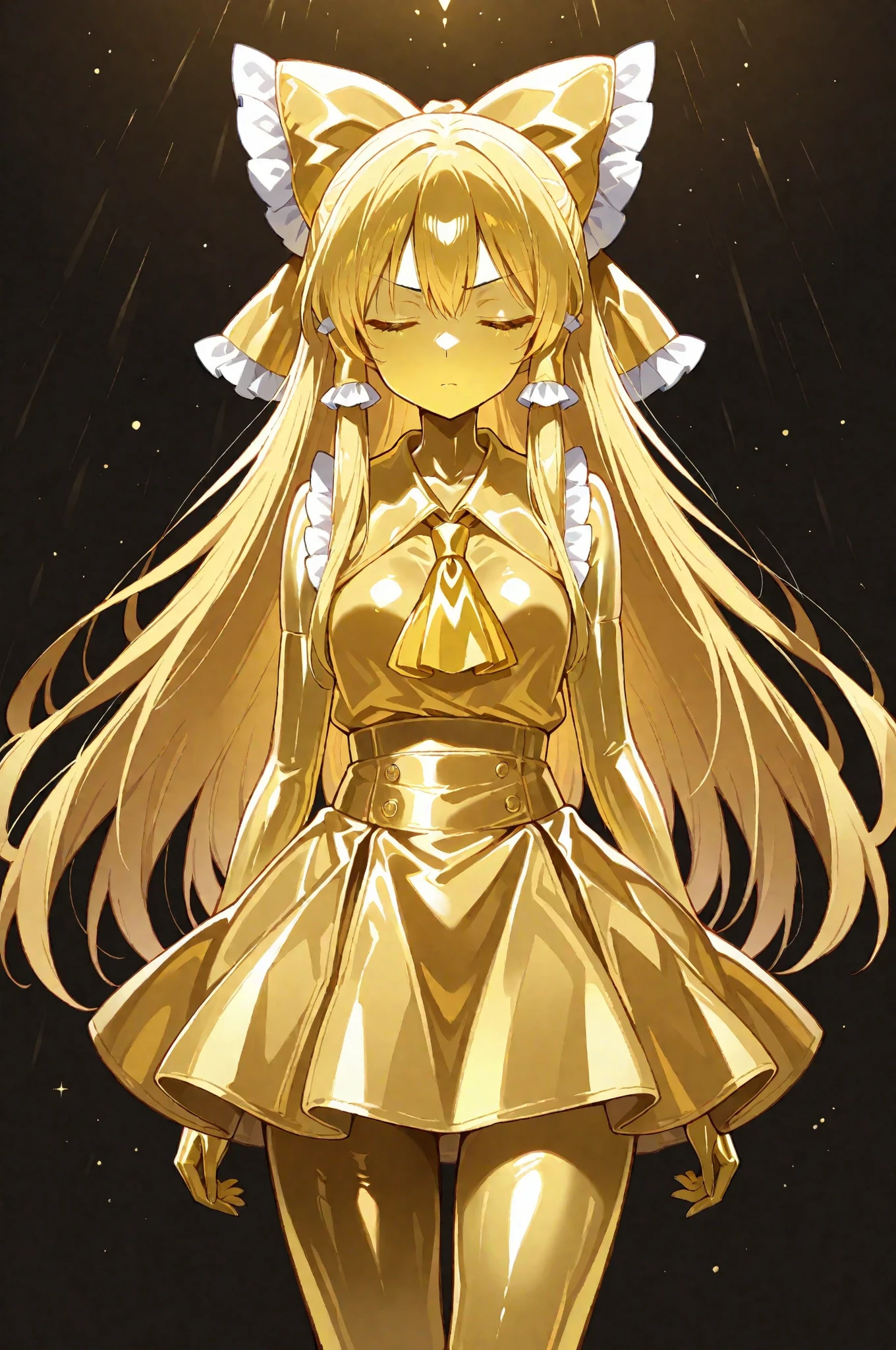 details, silly, high resolution, masterpiece, Highest Quality , in line high quality , Face, external, official anime item holding an anime sword , Get screen captures for anime , anime Get screen captures for anime ,
Hakurei Reimu, Legs with exposed skin , 1 Girl, Alone, long hairー, There are T-hair, bang, side lock, fold hair between eyes , hair tube , golden bow, Ascot , ruffle ribbon , gold Ascot , ribbon trimmingの取りexternalし可能な幅広のスリーブ, gold色のskirt, ribbon trimming, masterpiece, Highest Quality, Newest, 非常にhigh resolution, closed eyes, gold髪, 黄goldの手, yellow sclera, close their mouths, no student , yellow skin, shiny skin, gold属の肌, Black eyebrows, Drooping eyebrows, 1girl, solo, cowboy shot in elaborate denim, full of personality, dynamic, I'm sleeping, serious expression, Black Background, full of personality, gold_long hair, gold_Magical Girl, gold_skirt, hair ornaments, gold_gem, Metallic Outfit, Sleeping while full of personality(1girl,solo,, without background,full body,), slightly angry expression, golden Face, my eyes are closed