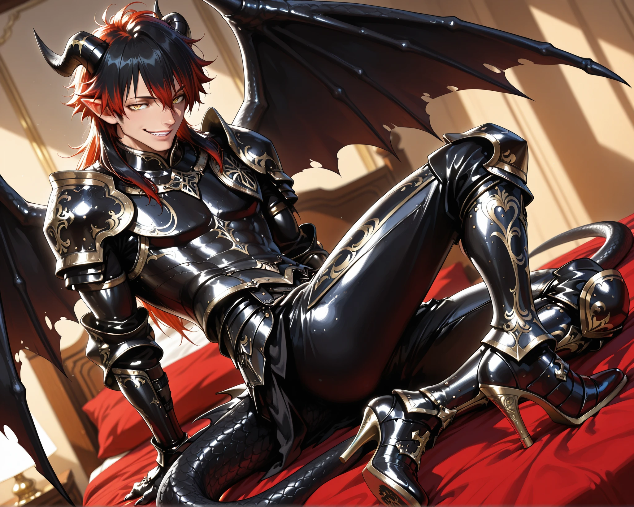 score_9, score_8_up, score_7_up, absurdres, (((128K Ultra High Resolution))), (masterpiece, best quality: 1. 5), (high definition: 1, 4), (highres), 8K wallpaper, (excellent graphics: 1. 5), CG, (((Japanese Anime style))), (1 male), solo, ((lean body, masculine)), weredragon, glossy black, shiny black leather, ((beautiful golden eyes, finely detailed eyes, bright eyes, slit pupils)), hair between eyes, black hair, long hair, sideburns, wild hair, (((seductive smile))), teeth, confident, ((ultra detailed face)), (red cheeks), shiny skin, long pointy ears, twisted torso, long-legged, sculpted face, wasp waist, dragon horn, dragon tail, dragon wings, dragon sharp claws, (black armor with a lot of grandiose decorations: 1. 5), half dragon half human, (on a luxurious bed, bed waiting for you: 1. 5), (looking straight into the camera, dutch angle, high angle, dynamic pose: 1. 5), (ultra detailed black armor, well-polished black armor: 1. 5), (gold-adorned armor: 1. 5), all black outfit, full body, sharp focus, good-looking man, (best illustration, highly detailed artwork: 1. 5), (cinematic), dramatic lighting, (intricate detail, extreme detailed, super detailed: 1. 5), chiseled features, (stark contrast, heavy shadows: 1. 3), ((detailed black decorations)), beautiful & aesthetic, photoreal, (from side), (mysteriously crafted black metal armor: 1. 5), thick & luxuriant hair, (ultra detailed fantasy black armor, wonderful black armor: 1. 5), (realistic metal texture), broad shoulder, true-to-life visuals, artistically refined, (extremely delicate & beautiful armor, elaborate armor details: 1. 5), (giant black armor, dark armor, stylized armor: 1, 5), (((armor-type high heels))), (extremely detailed armor with intricate engravings, intricate armor with gold ornaments: 1. 5), ((very gorgeous and dazzling)), (dark fantasy black knight: 1. 5), slim waistlines, wide chested, sinewy body, (Hyper Detailed & Perfectly Designed Black Armor: 1. 5), (luxury bedroom)