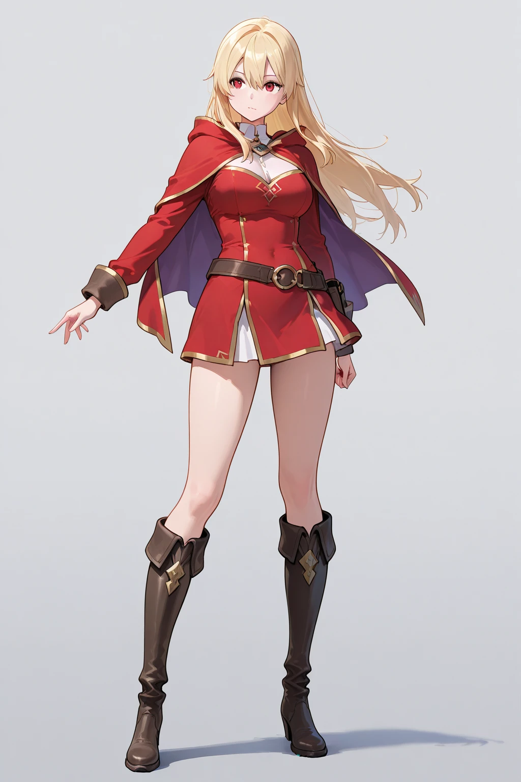 A gorgeous and stunning female warrior/hero. Beautiful and innocent looking, tall, statuesque, imposing, towering, maroon and silver outfit, Silver metal details, muscular thighs and legs, toned body,  Fancy high detail combat shoes. perfect eyes, perfect lips, long fingers,  supermodel. Toned fit legs slightly muscular.  fantasy armor shoes. cool looking
