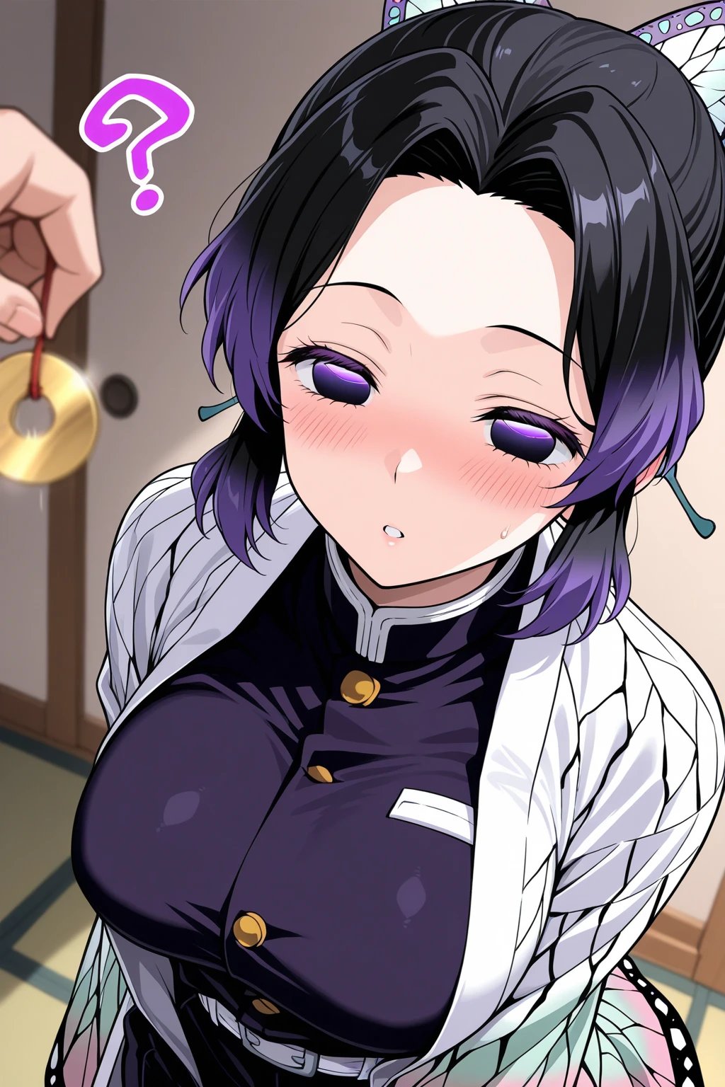 Shinobu Kocho (Shinobu Kocho) - Demon Slayer 　pantyhose,  black hair,I'm wearing a suit , Sexy pose ,

 huge breasts, cute face ,plump , shaking , boob emphasis,((Please express your gratitude with your body:1.3)),(((Please use your body to express your gratitude))),((Please wink)),
(( throw kiss)),


((( One Person Point of View))),anime  style,