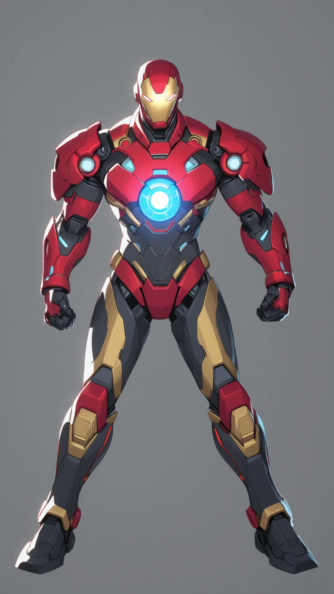 Ironman wearing a futuristic red colour sleek nanotech armour with gold accents , wearing a high-tech helmet with blue digital face with serious expression, blue triangular arc reactor on chest, 2D cartoon style, 8K ultra HD, high quality, dynamic pose, good detailing, good lighting, front view, white background, bold black outlines