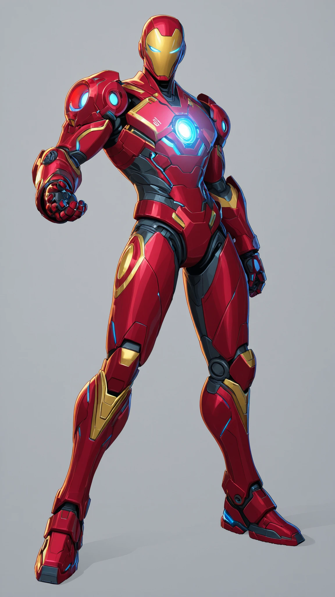 Ironman wearing a futuristic red colour sleek nanotech armour with gold accents , wearing a high-tech helmet with blue digital face screen with serious expression on the screen, blue triangular arc reactor on chest, 2D cartoon style, 8K ultra HD, high quality, dynamic pose, good detailing, good lighting, front view, white background, bold black outlines 