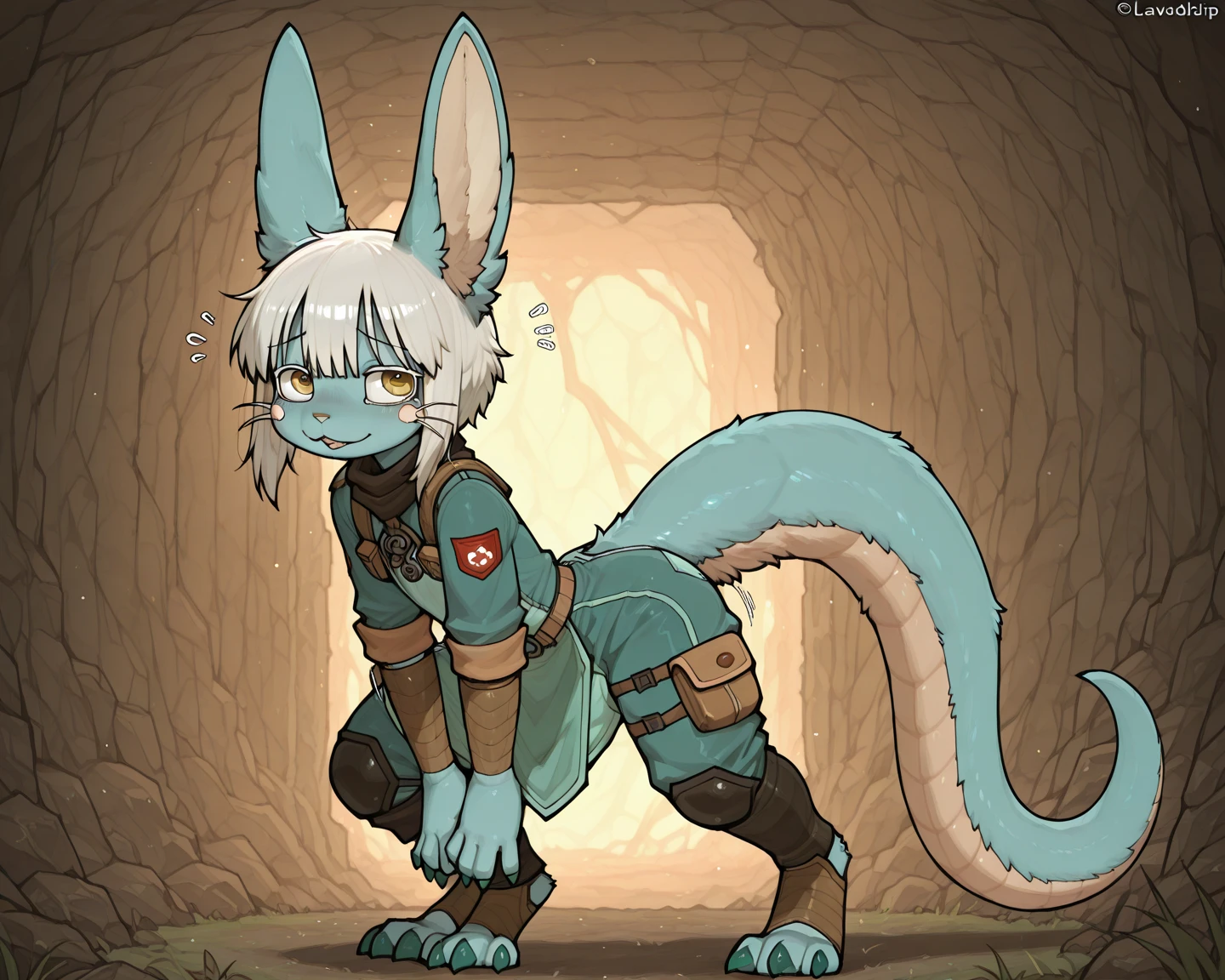 (((by fluff-kevlar, by Zackary911, by Kenket, by Kilinah))), a running ((Kobold)), (detailed Kobold)) wearing a long cloak, muscular abs, Kobold black horns, Kobold tail, messy white hair, (orange thigh highs), ((black micro-:fire pattern design on )), , front view, looking at the observer with an embarrassed smile, blush, perspective, finely detailed paws, punk style, adventure backpack,