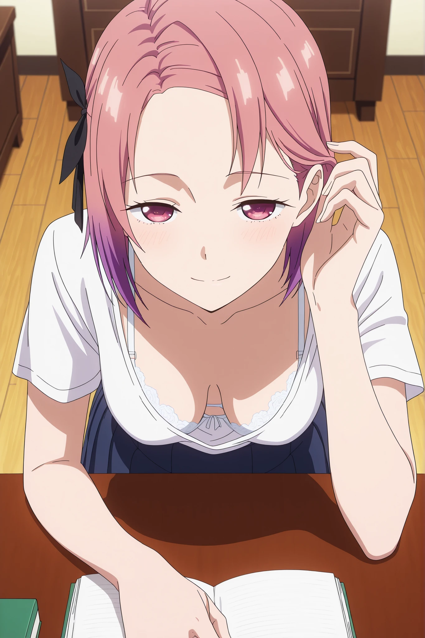 8K,HDR,best quality, high quality,amazing quality,highly detailed,ultra detailed,high resolution, absurdres, newest,(anime screencap:1),(anime coloring:1),(anime style:1),perfect eyes,detail1eye,well-defined fingers,(perfect anatomy:1), (perfect fingers,5 fingers:1),upper body,from front,(from above:1.2),close up,

BREAK 
1girl,solo,tsubame koyasu, short hair, hair ribbon, pink hair, purple hair, multicolored hair, pink eyes, gradient hair, forehead, mature female, medium breasts, anime screencap,

short sleeves, collarbone, white shirt,pleated skirt,navy skirt,

BREAK 
white bra,silk bra,lace trim bra,looking at viewer,hed up,bending over, pick up book with one hand, slightly downblouse,sitting a floor,tucking hair,

BREAK 
sensual,light smile,light blush,upturned eyes,half closed eyes,
boob_windowV1,

BREAK 
indoor,table,living room